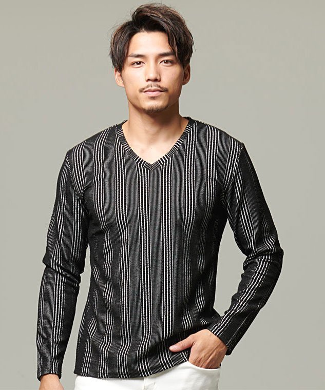 CavariA ふくれストライプ柄Vネック長袖Tシャツ シルバーバレット トップス カットソー・Tシャツ ブラック ホワイト