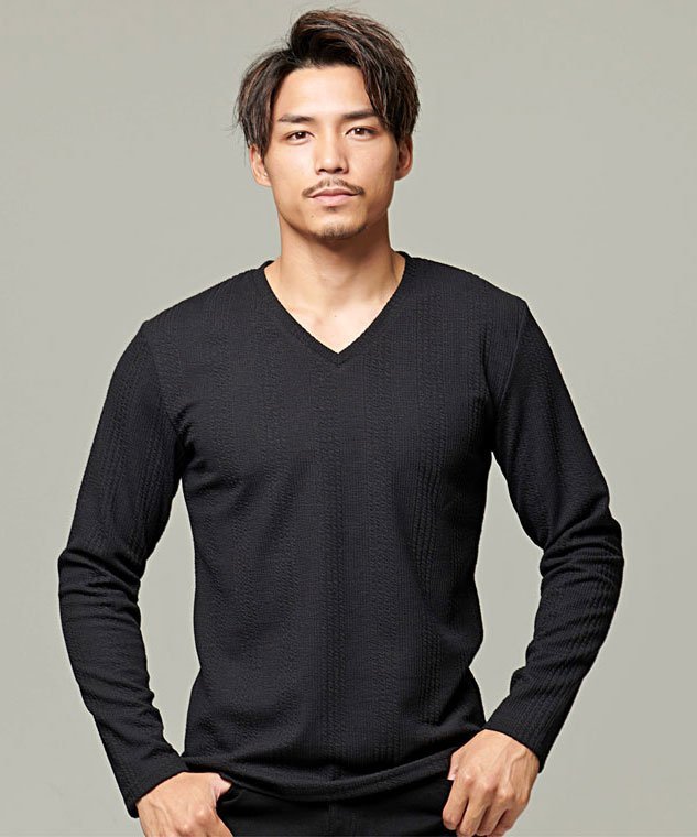 CavariA ふくれストライプ柄Vネック長袖Tシャツ シルバーバレット トップス カットソー・Tシャツ ブラック ホワイト