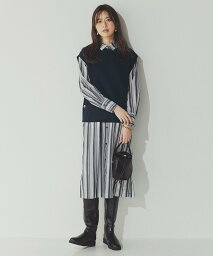 自由区 服（レディース） 【SALE／30%OFF】自由区 【洗える/セットアイテム】ウールブレンドベスト*ストライプワンピ ジユウク ワンピース・ドレス シャツワンピース ネイビー ブラウン【送料無料】