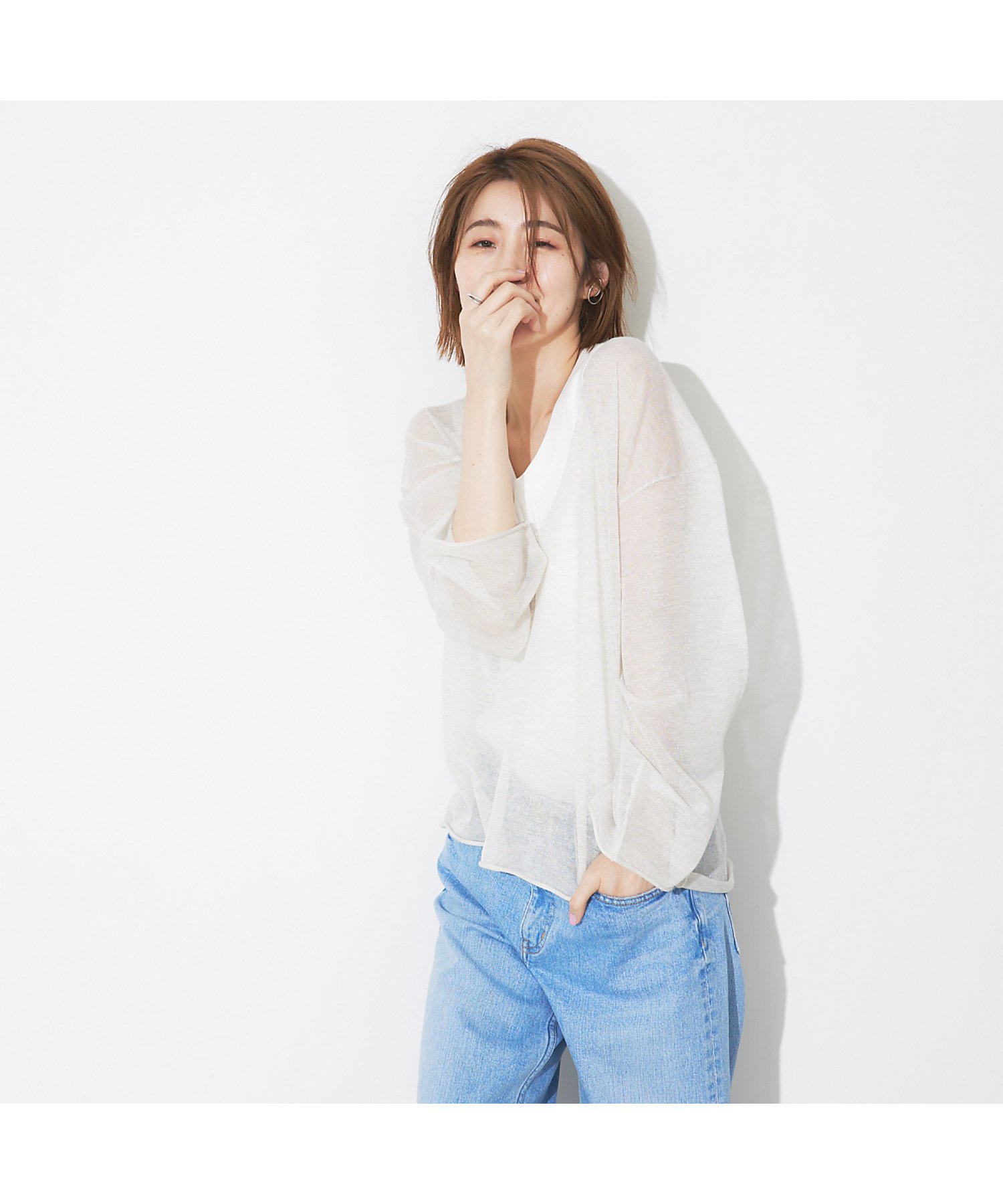 Rouge vif la cle シアーVネックラメプルオーバー ルージュ・ヴィフ ラクレ トップス ニット ホワイト ブラック