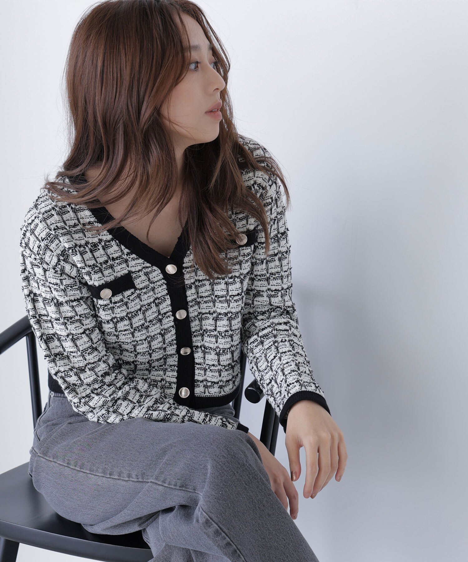 【SALE／30%OFF】NATURAL BEAUTY BASIC ツイードVネックカーディガン ナチュラルビューティベーシック トップス カーディガン ベージュ ブラック グレー【送料無料】のサムネイル