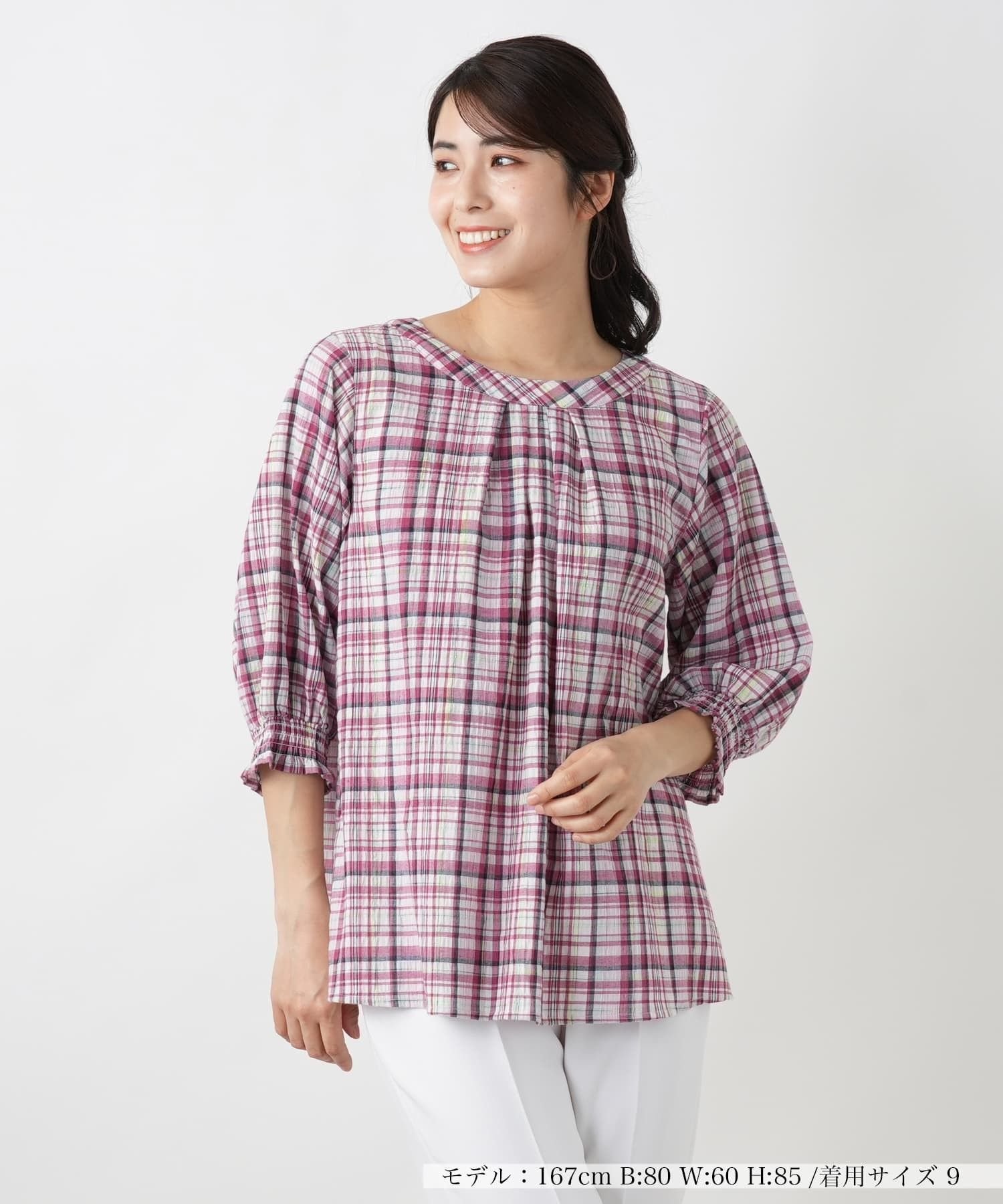 Leilian チェックブラウス【MUSE BY ROCHAS Premiere】 レリアン トップス シャツ・ブラウス カーキグリーン レッド