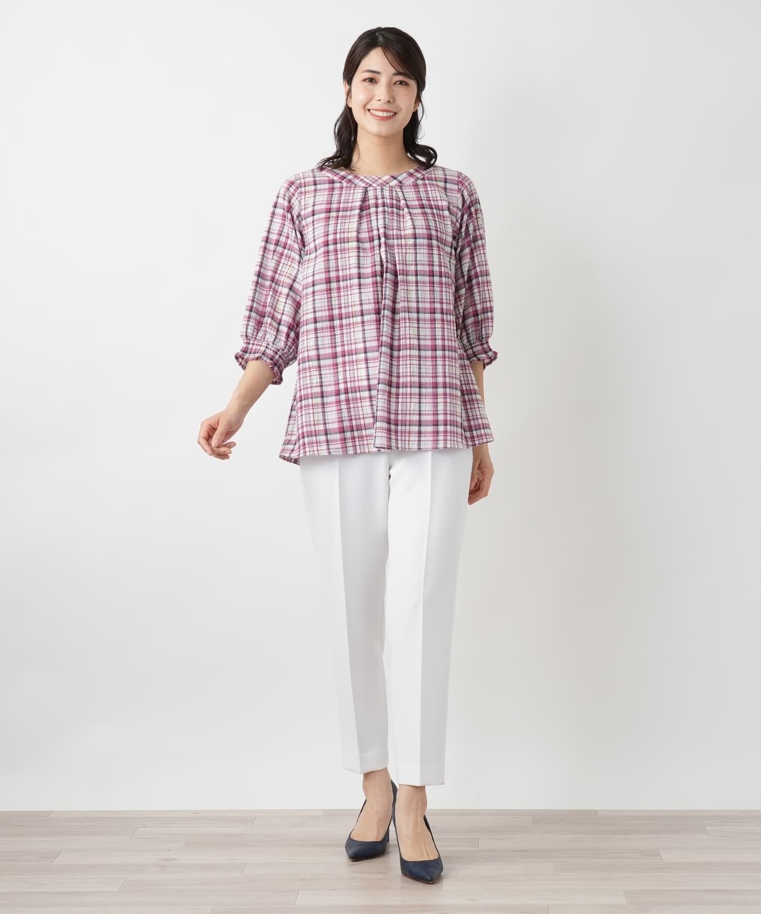 Leilian チェックブラウス【MUSE BY ROCHAS Premiere】 レリアン トップス シャツ・ブラウス カーキグリーン レッド