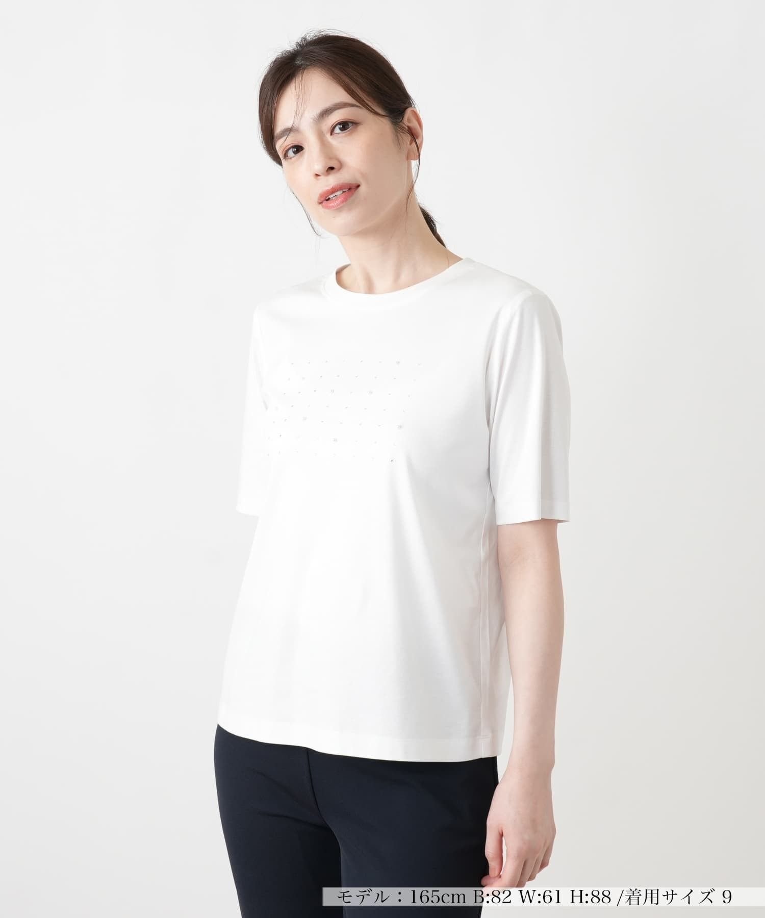 Leilian パール調ビジューカットソー レリアン トップス カットソー・Tシャツ ホワイト パープル カーキグリーン