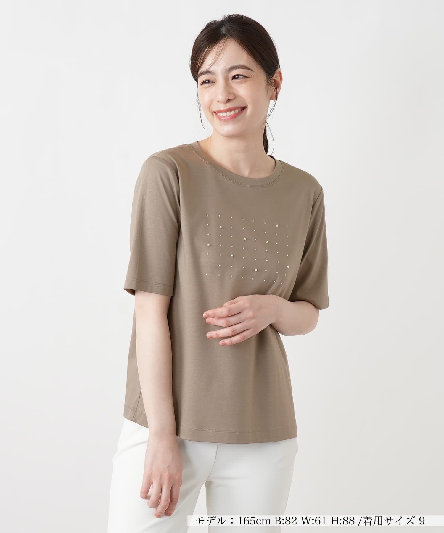 Leilian パール調ビジューカットソー レリアン トップス カットソー・Tシャツ ホワイト パープル カーキグリーン