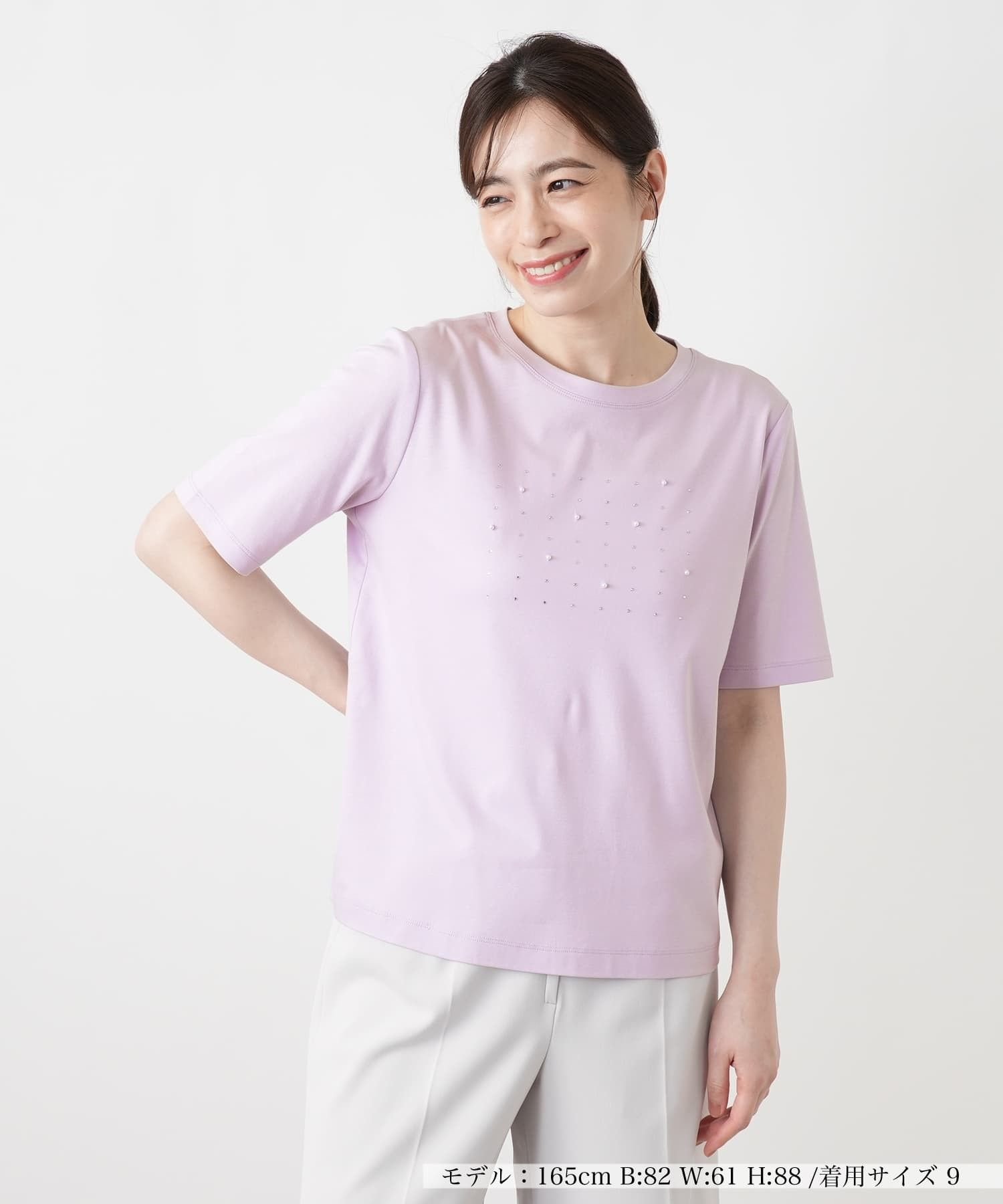 Leilian パール調ビジューカットソー レリアン トップス カットソー・Tシャツ ホワイト パープル カーキグリーン