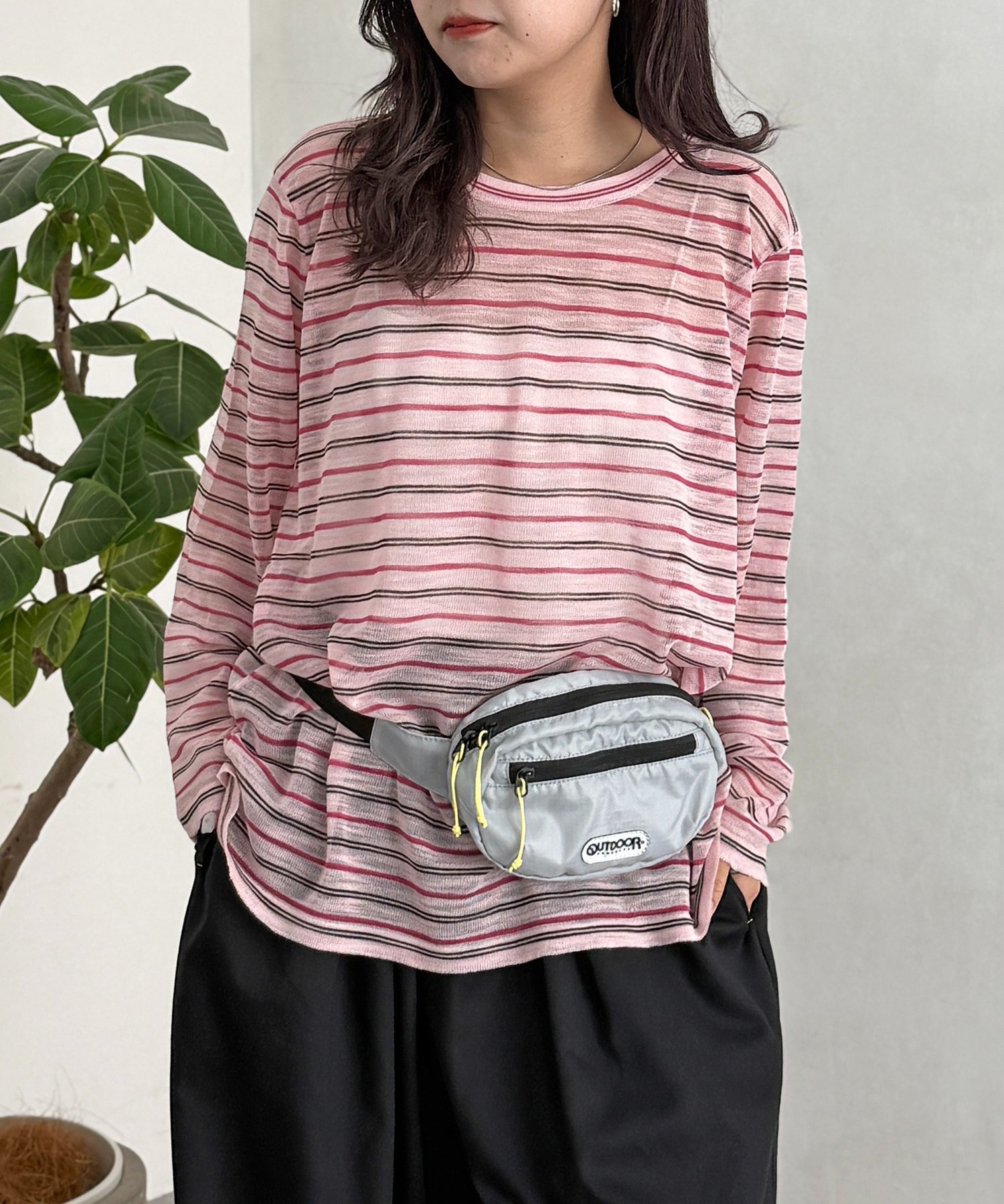 ボーダーシアーロンT シーピーシーエム トップス カットソー・Tシャツ グリーン グレー ピンク