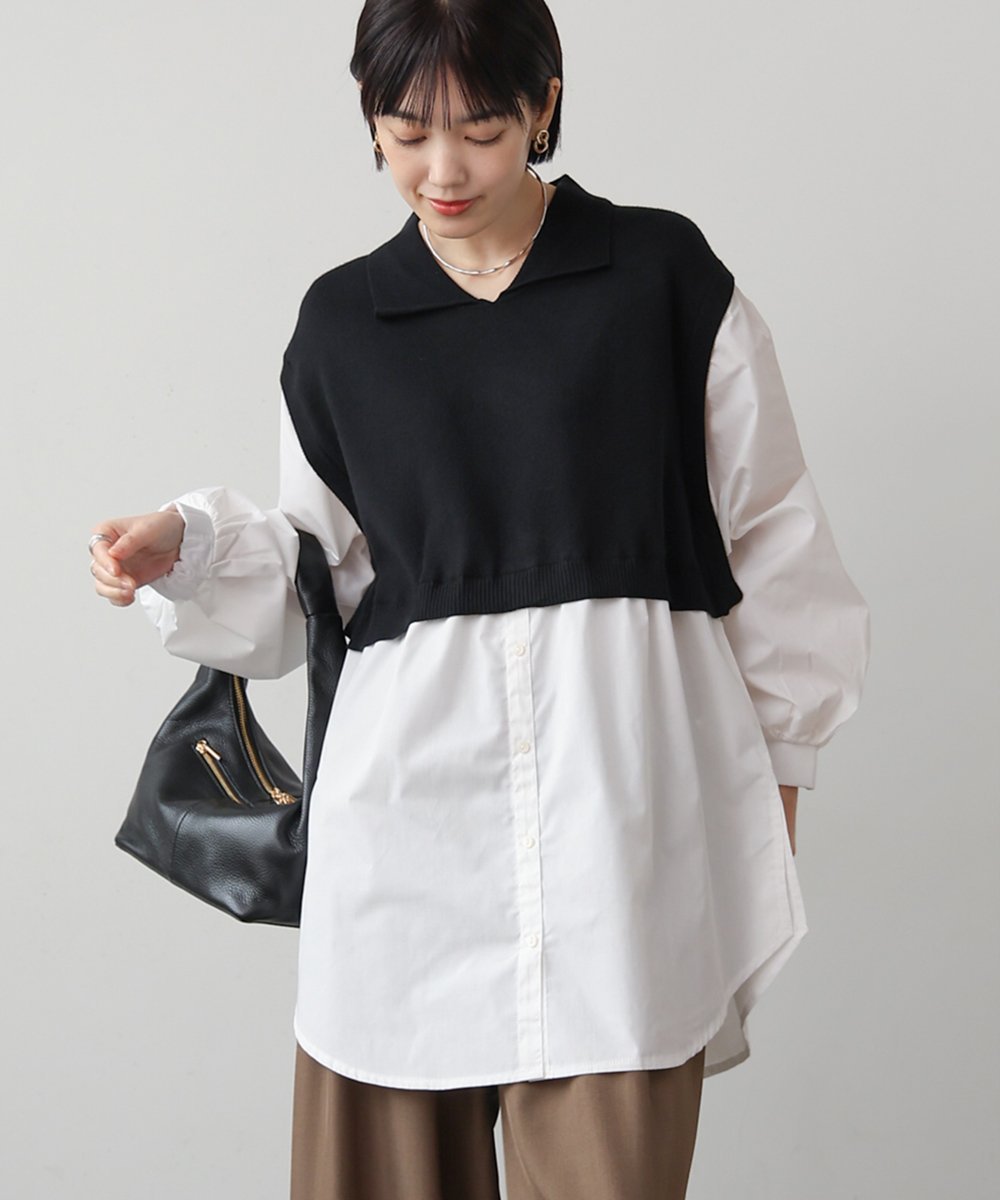 【SALE/20%OFF】Bou Jeloud 襟付きドッキングチュニック バブ / ブージュルード ワンピース・ドレス チュニック グレー ブラック【送料無料】