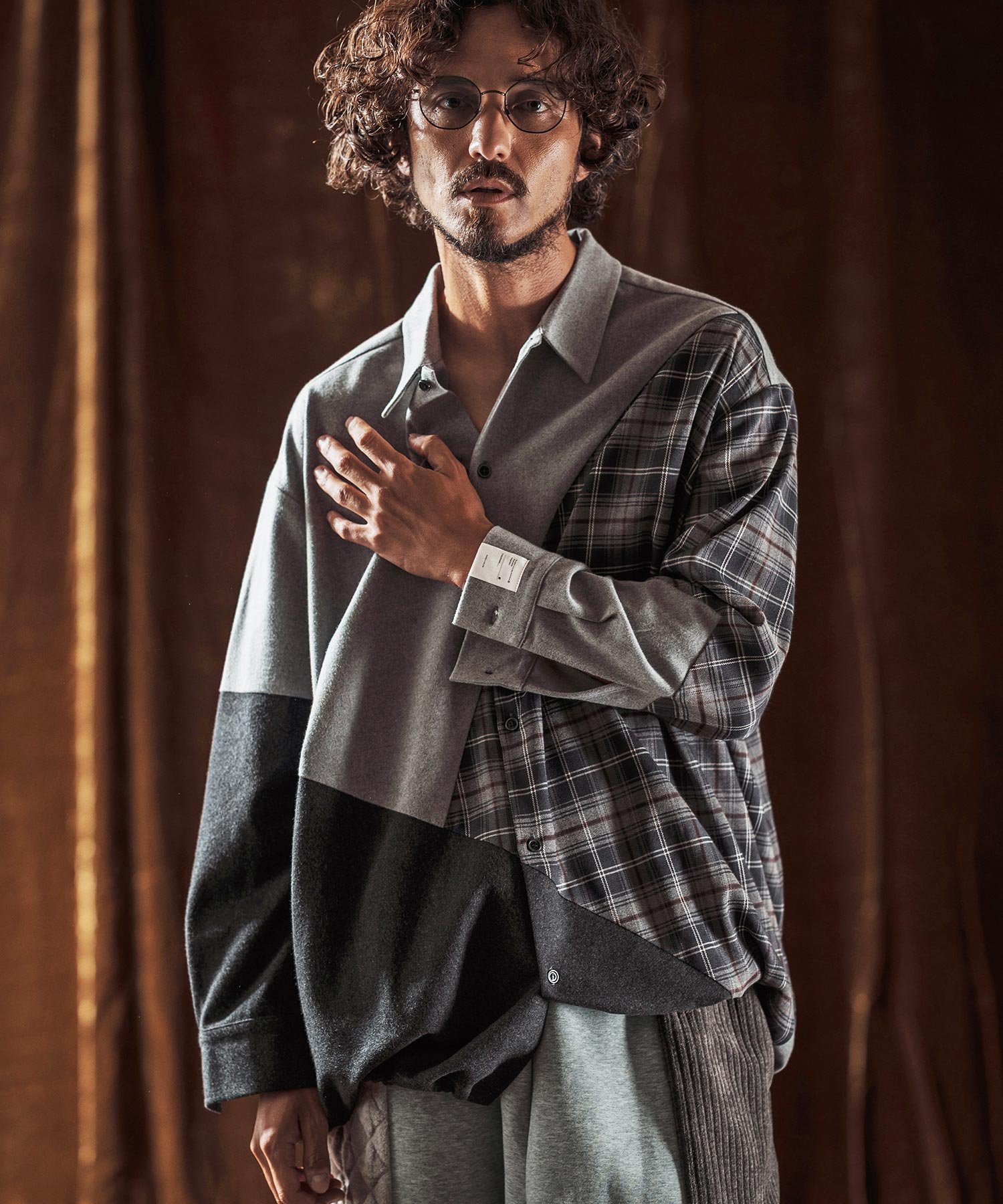 ANGENEHM ms6205-Mixed Fabric Panel Shirt シャツ カンビオ トップス シャツ・ブラウス グレー ベージュ【送料無料】