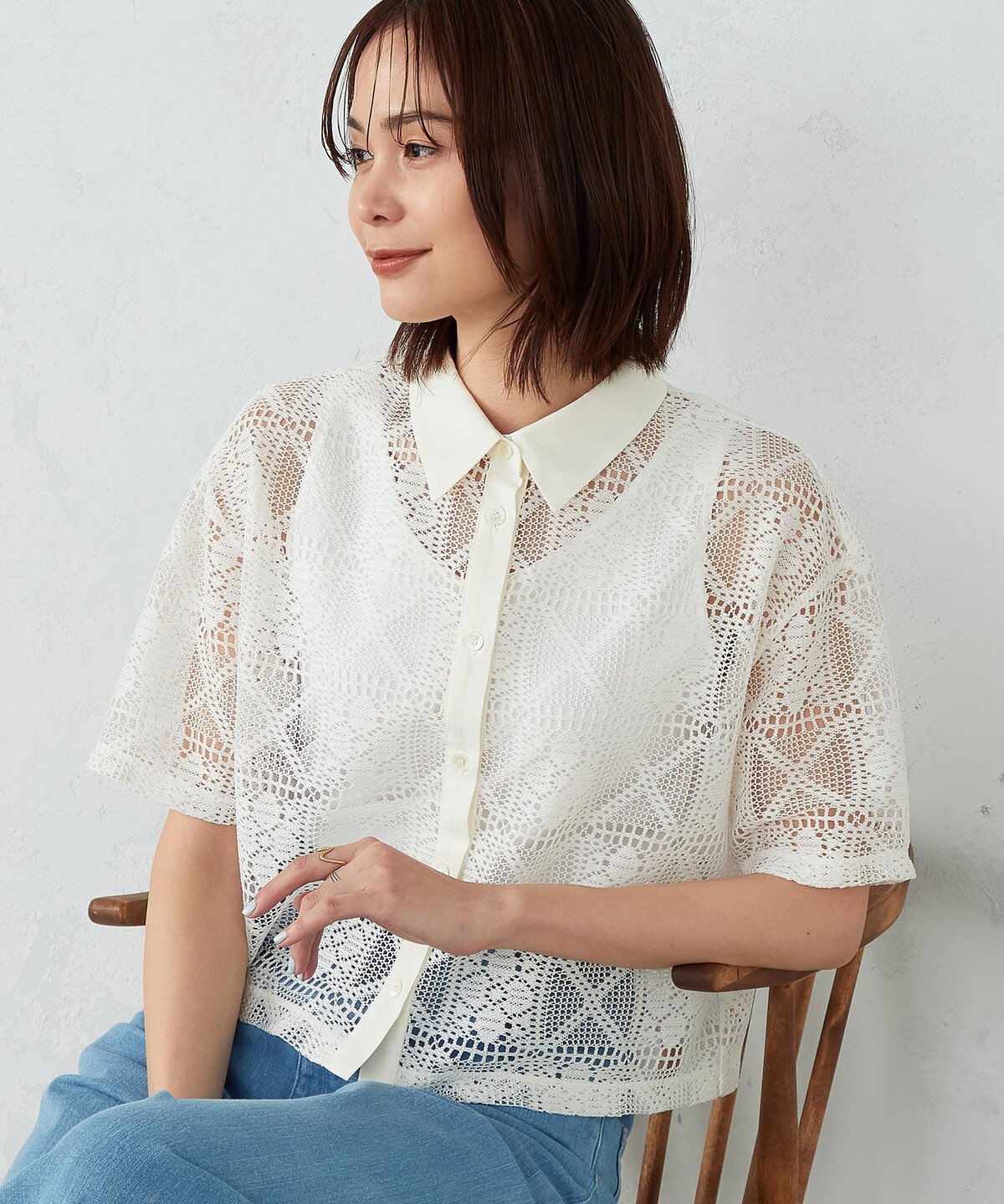 【SALE／50%OFF】COMME CA ISM レース ショート丈シャツ コムサイズム トップス シャツ・ブラウス ホワイト ブラックのサムネイル