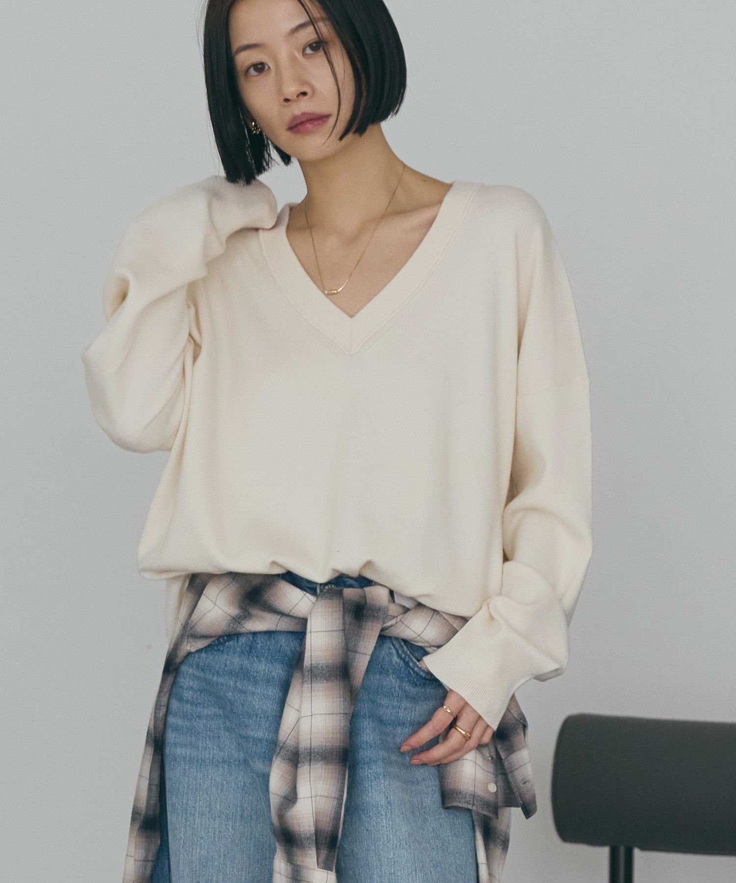 AMERICAN HOLIC バイパチVネックニットプルオーバー＜静電気軽減＞ アメリカンホリック トップス ニット ブラウン パープル ネイビー グレー ホワイトのサムネイル