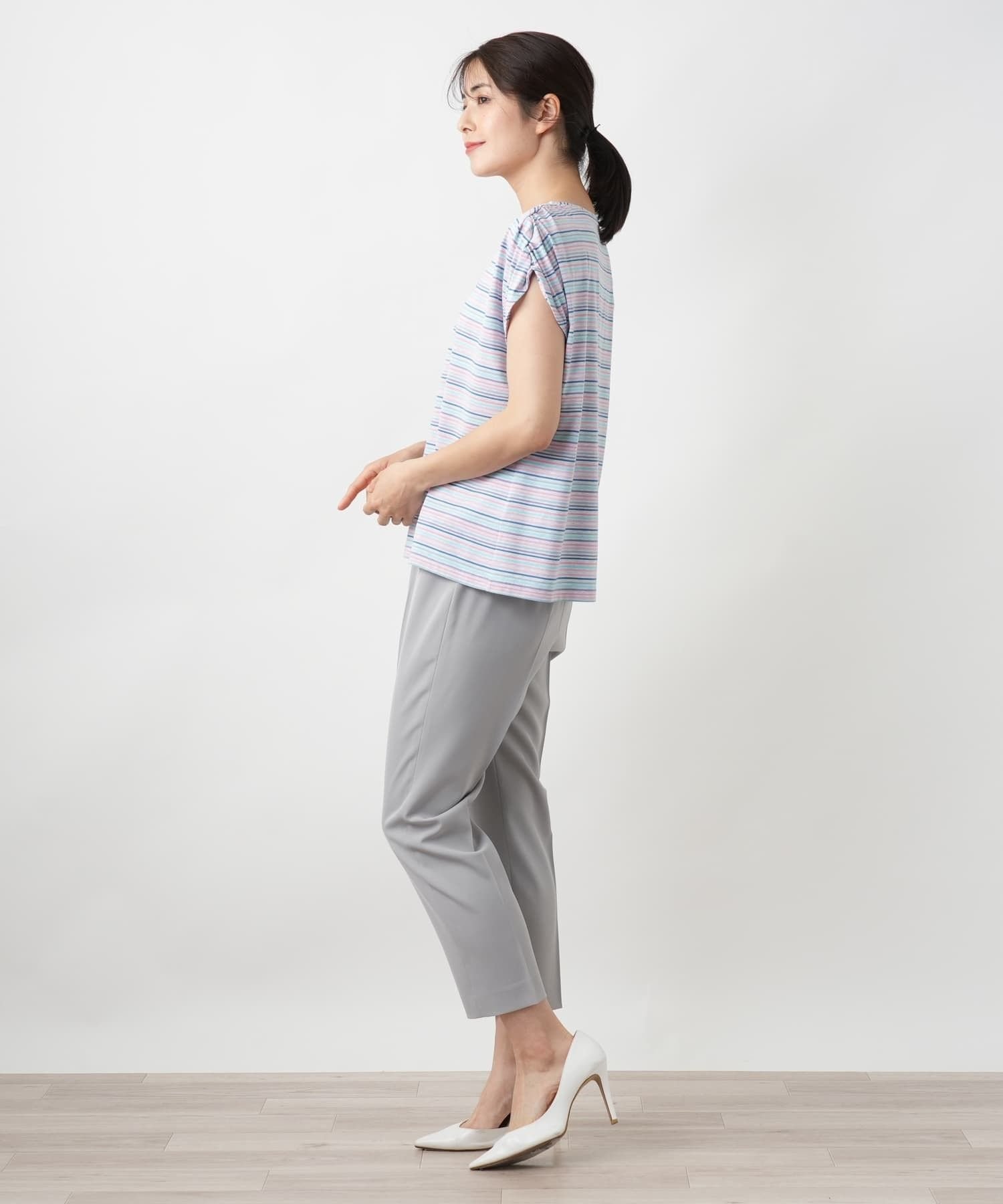 Leilian マルチボーダーカットソー【MUSE BY ROCHAS Premiere】 レリアン トップス カットソー・Tシャツ ピンク