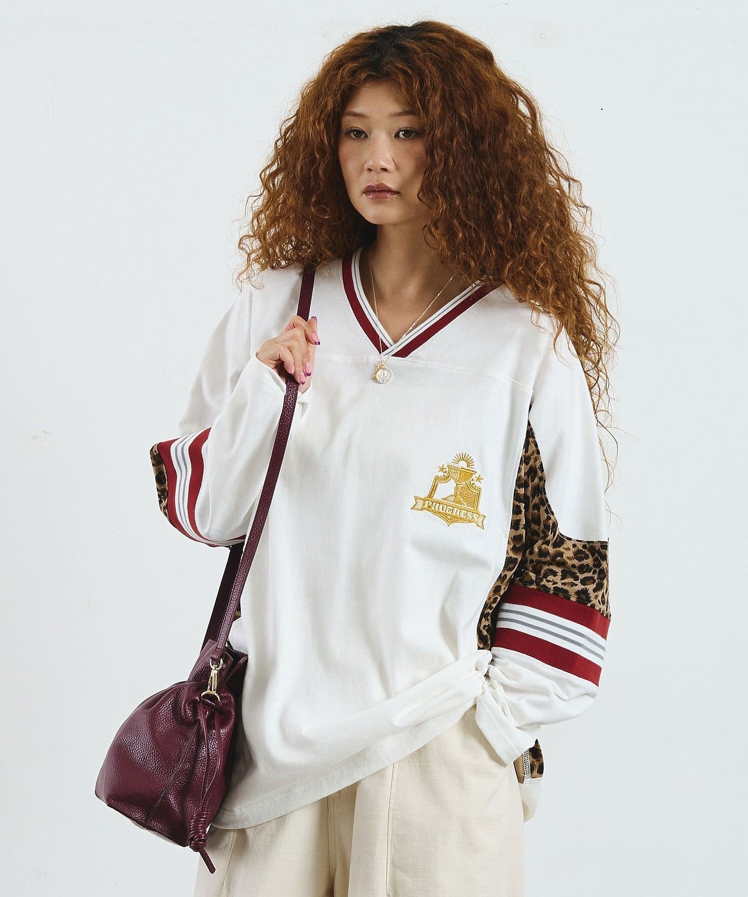 ROSE BUD OKIRAKU×ROSEBUD/LEOPARD PANEL FOOTBALL TOP ローズバッド トップス カットソー・Tシャツ ブラック ホワイト