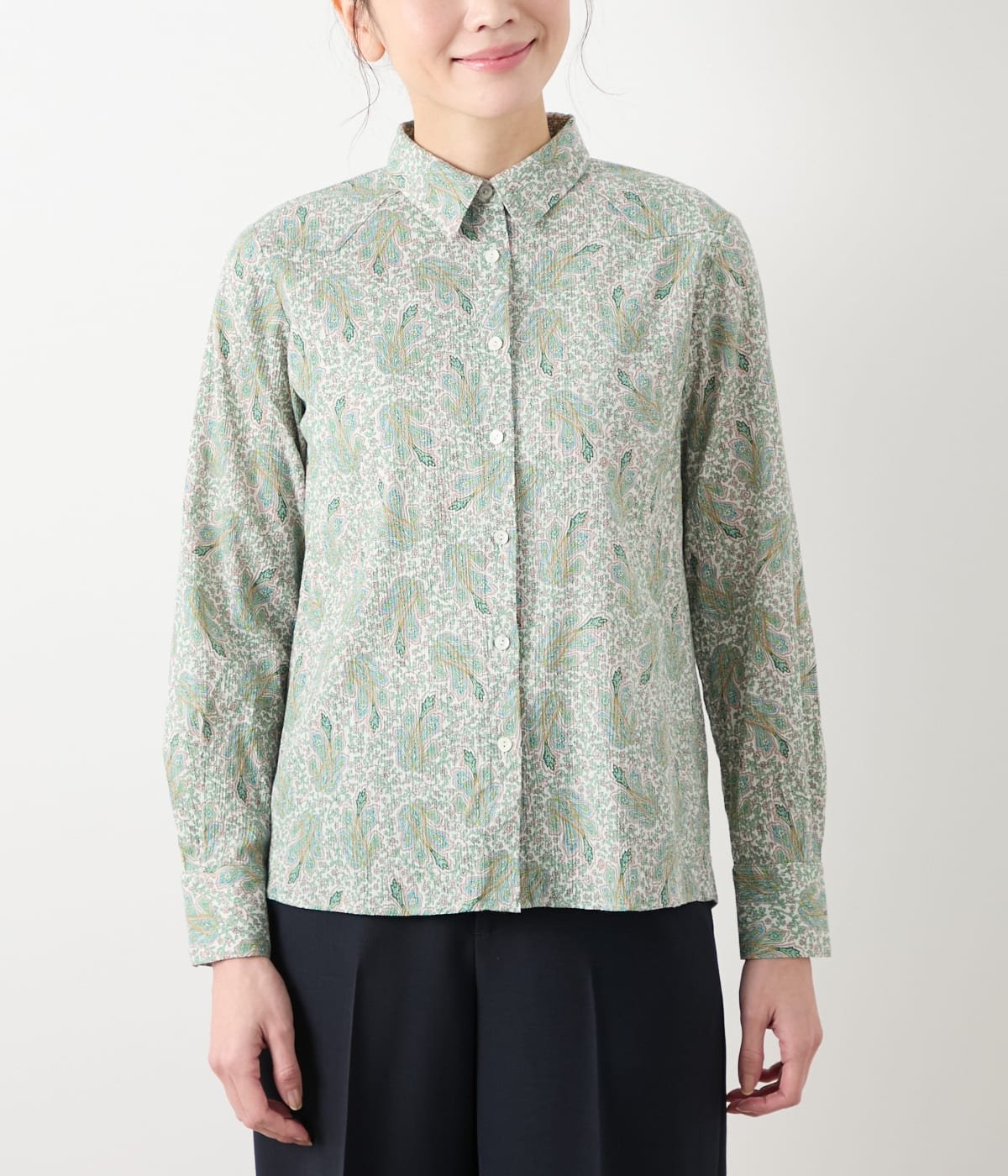 NEWYORKER WOMEN L-SIZE 【L】楊柳ペイズリープリント 切替え長袖シャツ ニューヨーカー エルサイズ トップス シャツ・ブラウス グリーン