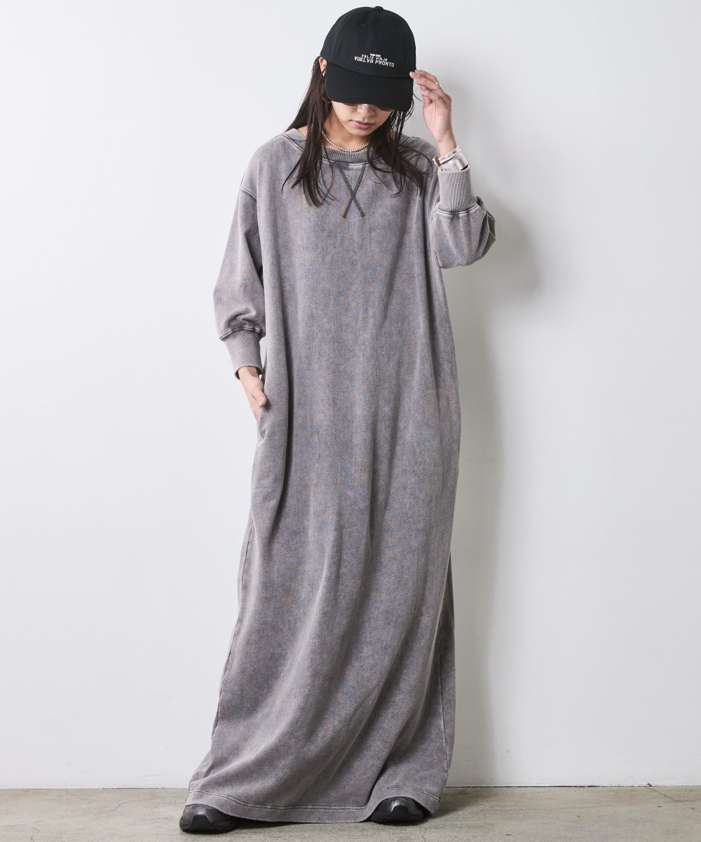 CHIC STYLE 硫化染スウェット5分袖ロングワンピース ＜大きいサイズ有＞シックスタイル シックスタイル ワンピース・ドレス ワンピース グレー【送料無料】