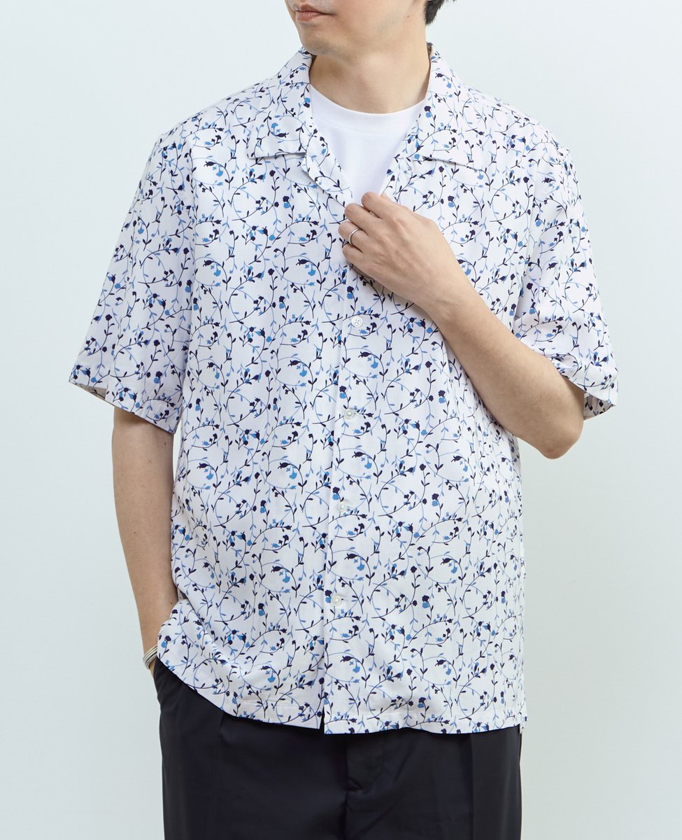 MEN'S MELROSE ウォシャブルレーヨンプリント 半袖オープンカラーシャツ メンズメルローズ トップス シャツ・ブラウス ネイビー ホワイト グリーン