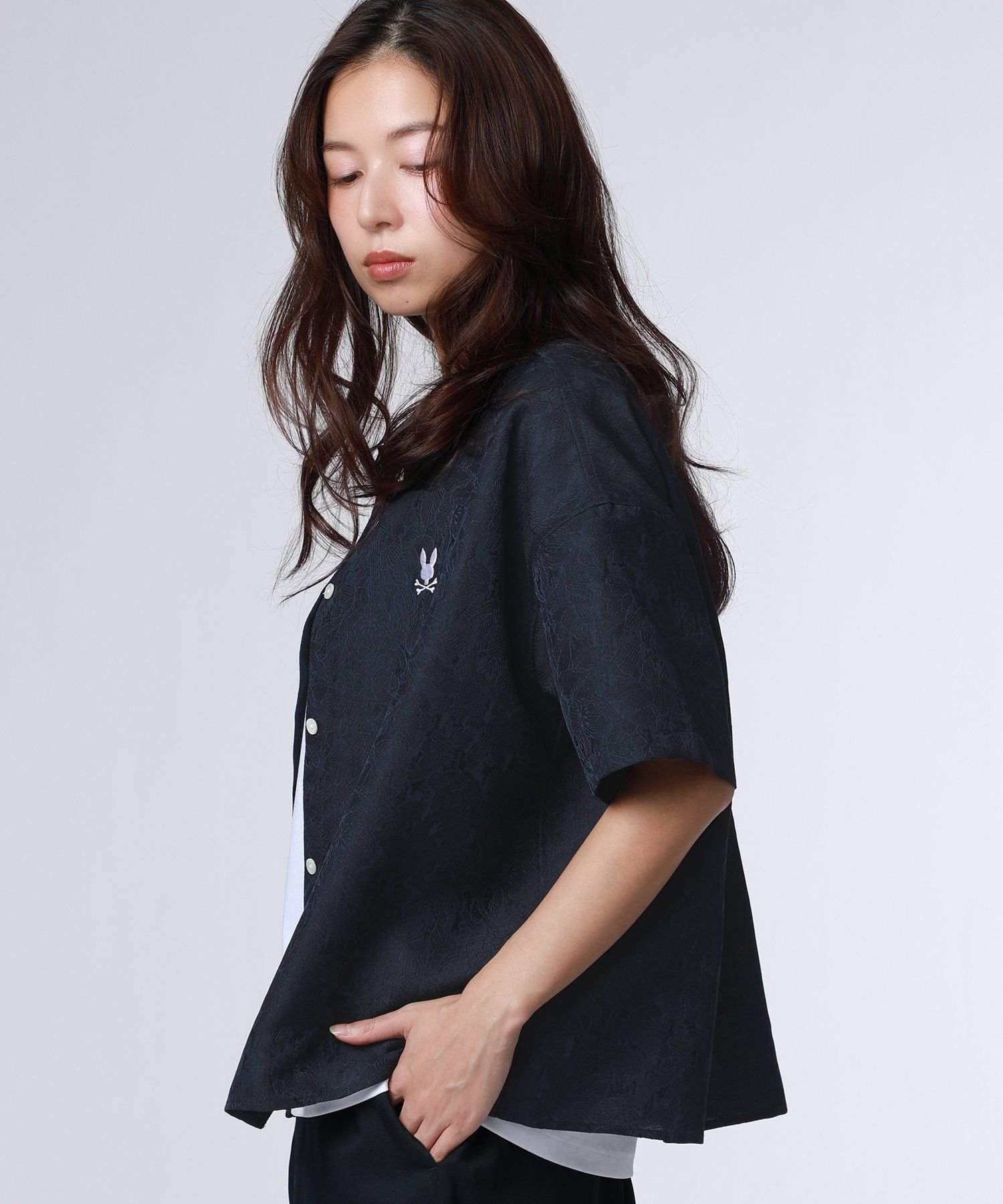 Psycho Bunny [WOMEN]フラワージャガード ショート丈シャツ サイコバニー トップス カットソー・Tシャツ ネイビー ホワイト【送料無料】