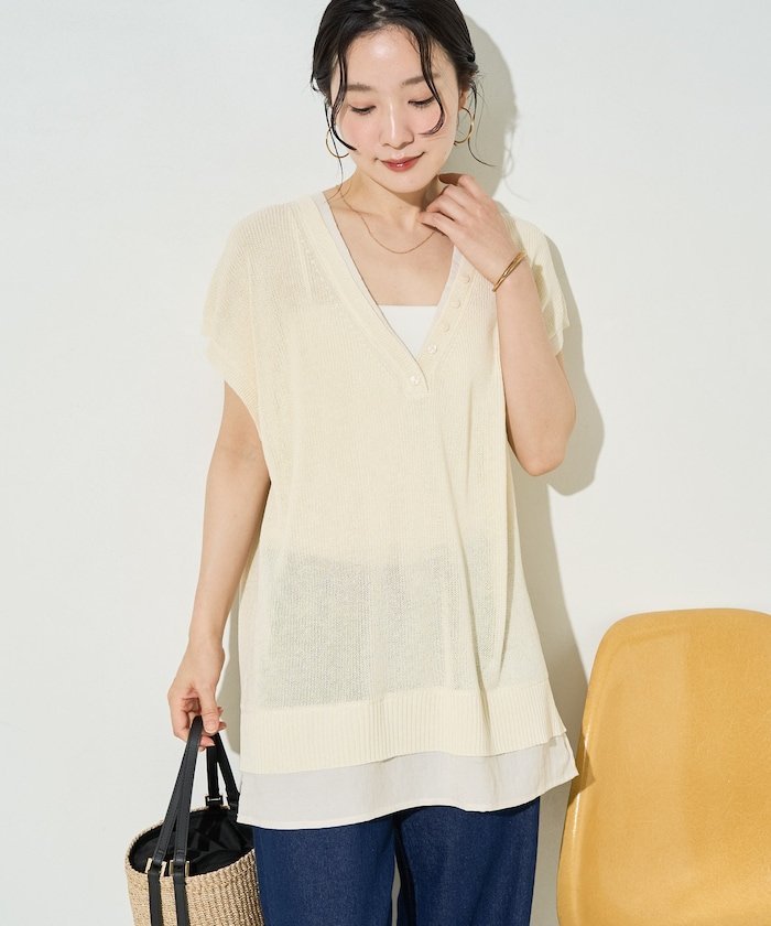 【SALE／40%OFF】FREAK'S STORE 限定展開 Vネック レイヤード ボタン ニット フレンチ トップス フリークスストア トップス ニット ブルー ベージュ ブラック ホワイト