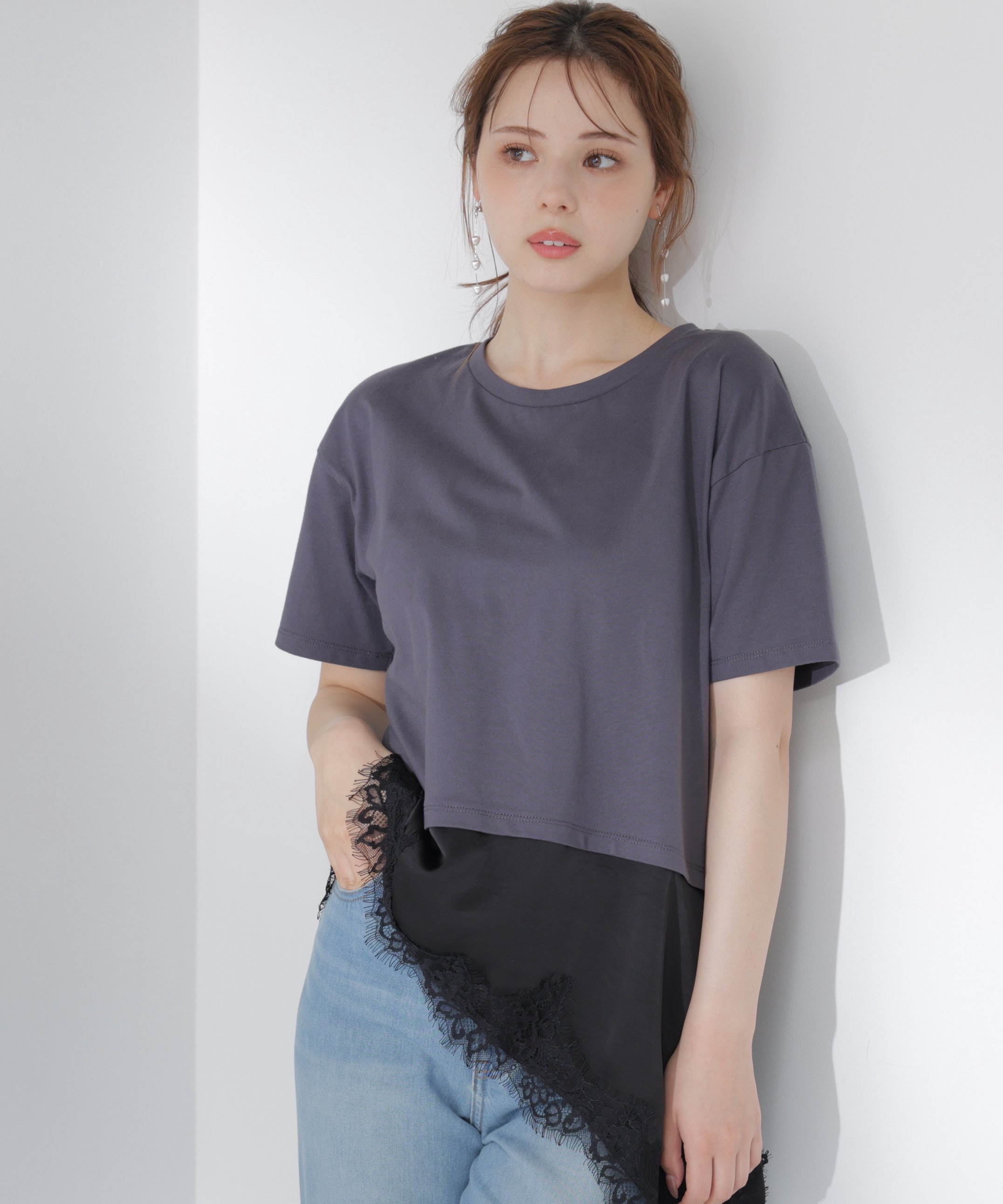 PROPORTION BODY DRESSING ＜EDIT COLOGNE＞見せかけレーストリムカットソー プロポーションボディドレッシング トップス カットソー・Tシャツ ベージュ グレー