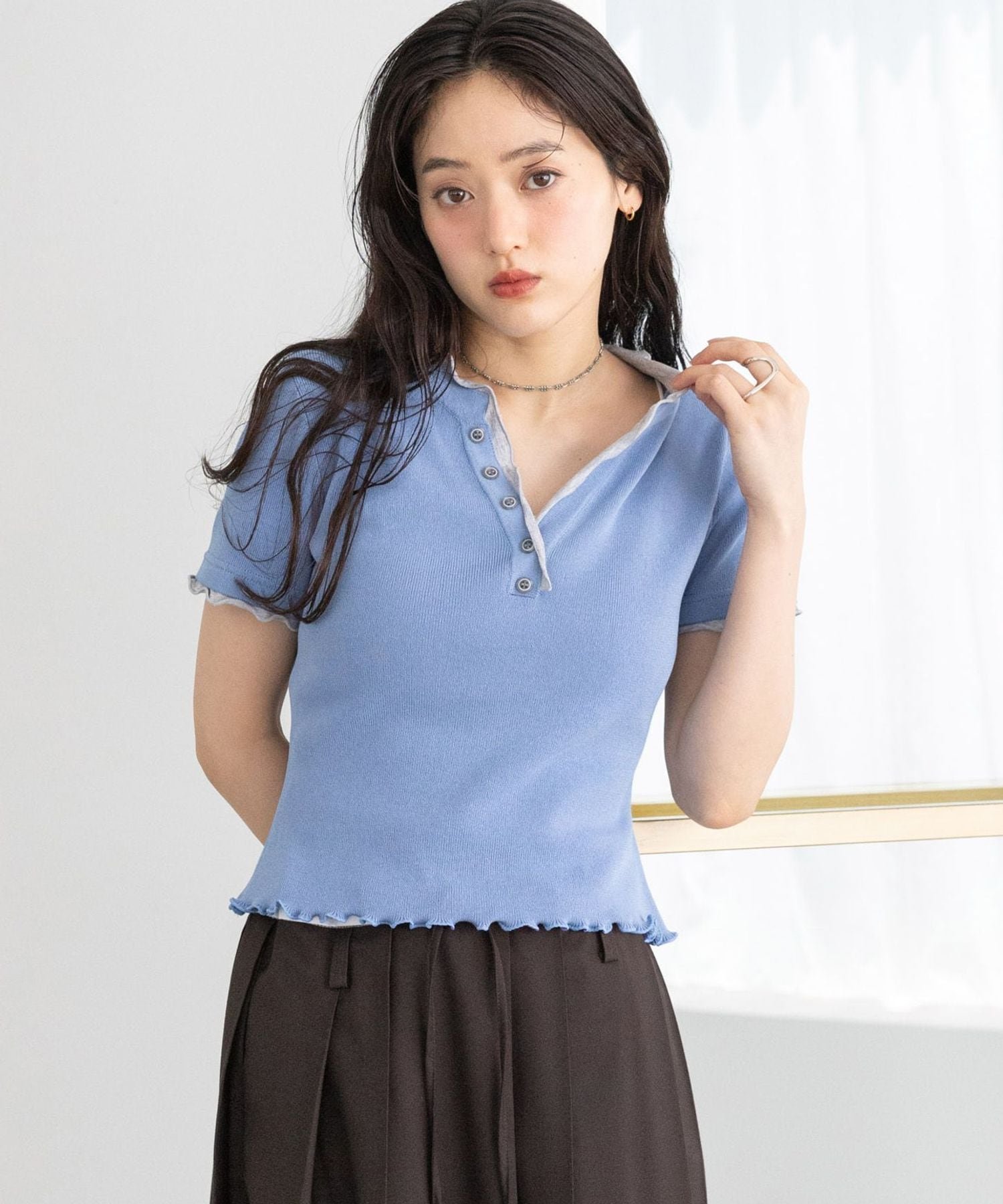 RAGEBLUE 【WOMENS】ドッキングフリルヘンリーT レイジブルー トップス カットソー・Tシャツ グレー ブルー ホワイト