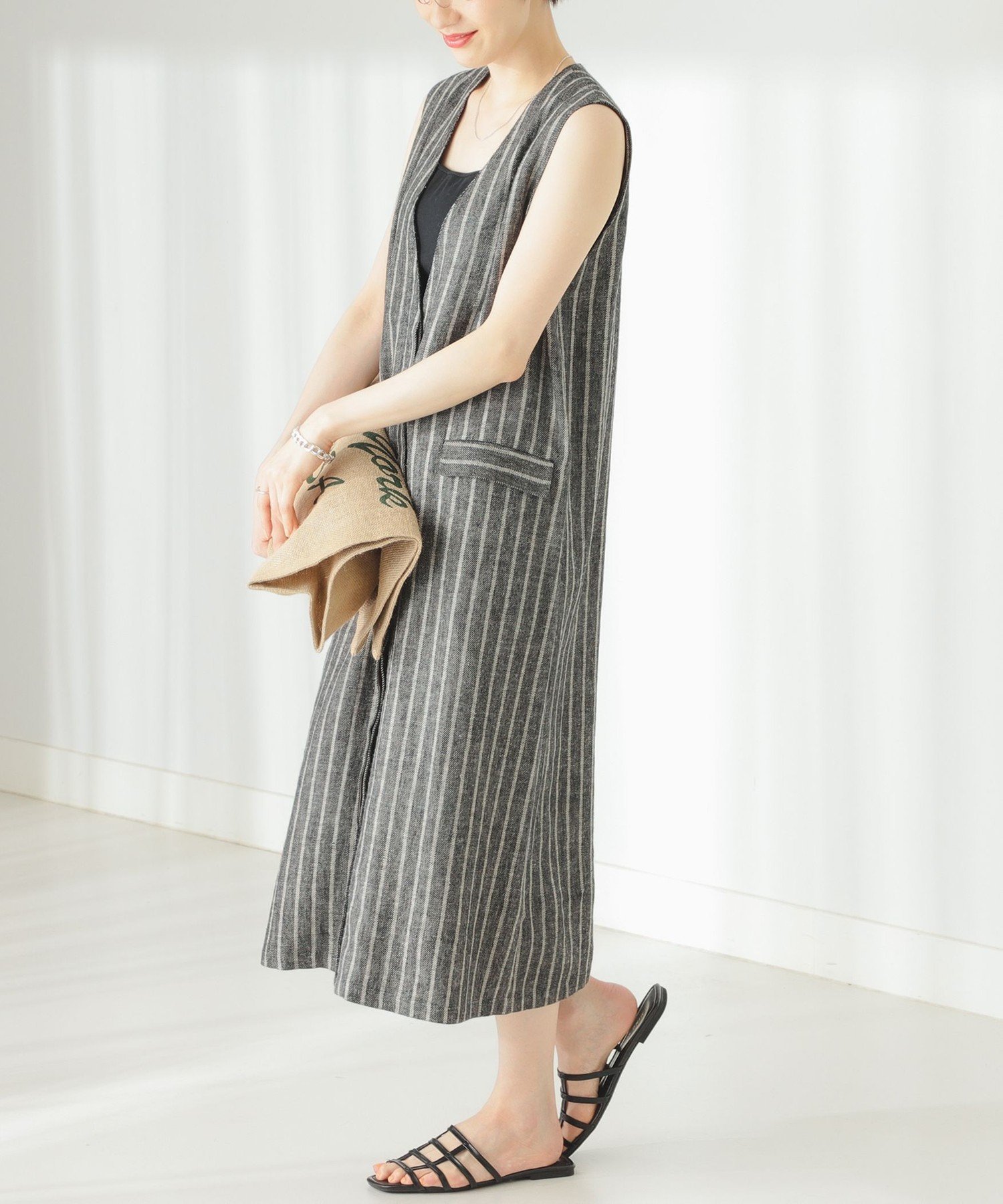 【SALE／60%OFF】B:MING by BEAMS B:MING by BEAMS / リネン混 ストライプ ジレ ワンピース ビームス アウトレット ワンピース・ドレス ワンピース ベージュ【送料無料】