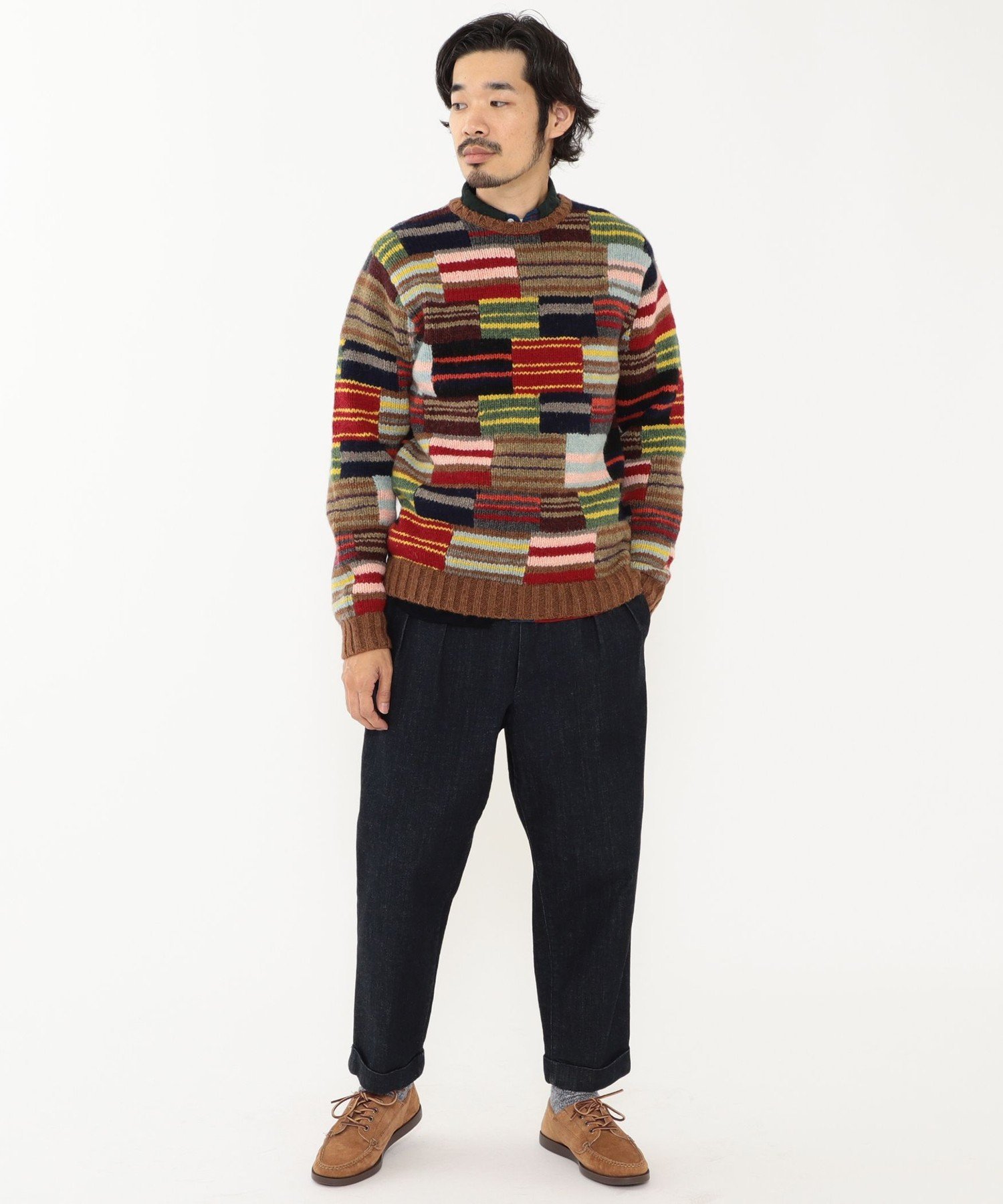 BEAMS PLUS / パッチワーク ハンドニット クルーネック ビームス アウトレット トップス ニット