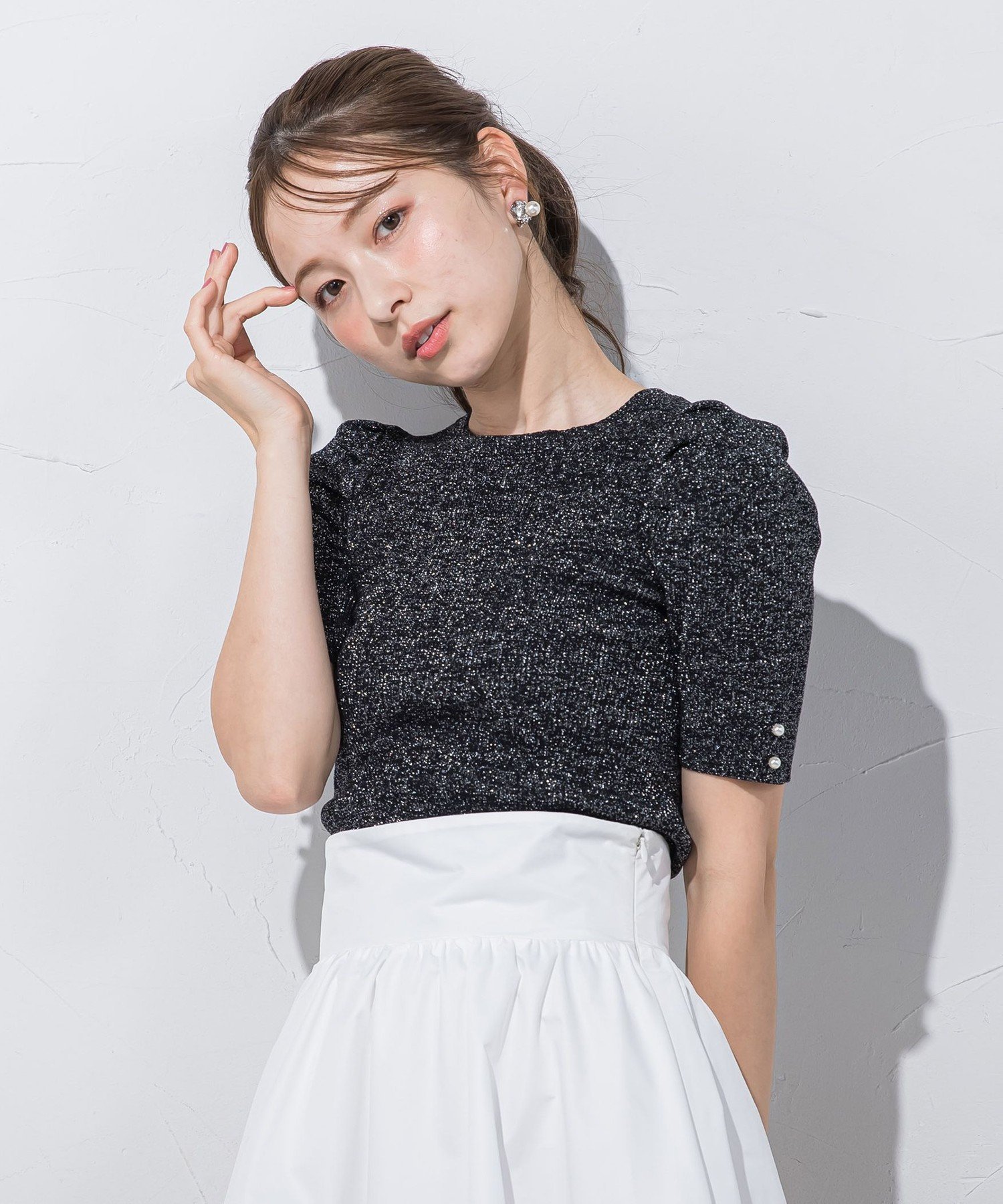 【SALE／50%OFF】QUEENS COURT ラメパフニット≪手洗い可能≫ クイーンズコート トップス ニット ブラック ホワイト ピンク ブルー グレー【送料無料】のサムネイル