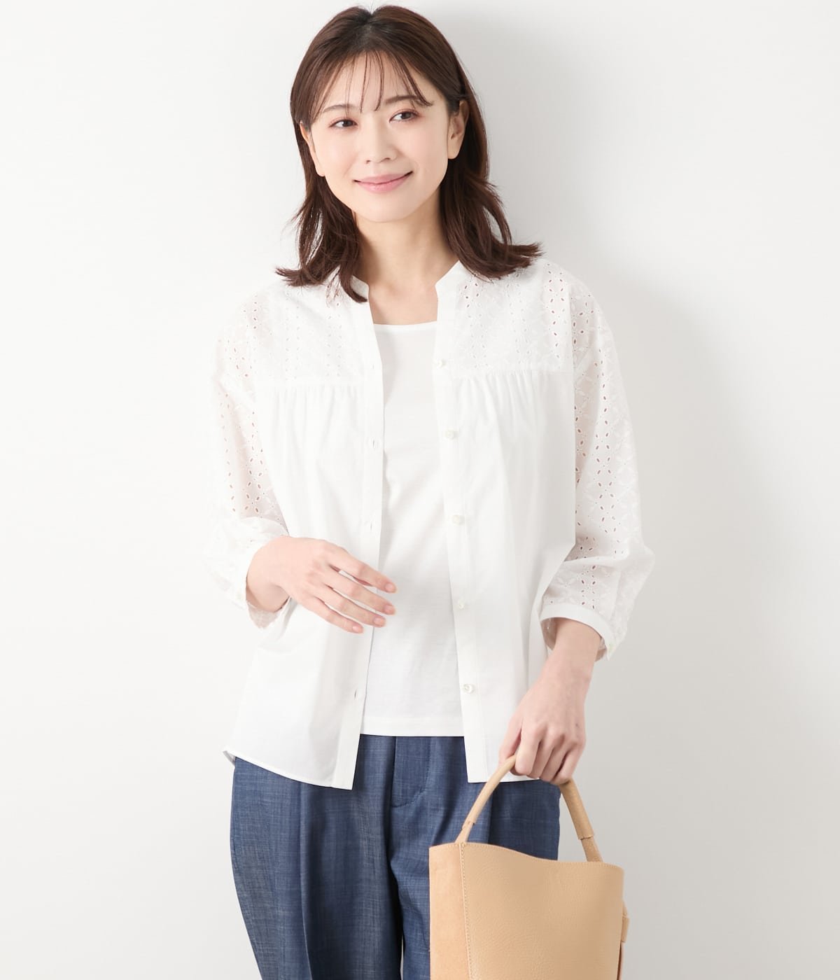 NEWYORKER WOMEN L-SIZE 【L】コットンエンブロイダリーレース 切替え7分袖ブラウス ニューヨーカー エルサイズ トップス シャツ・ブラウス ブラック ホワイト【送料無料】