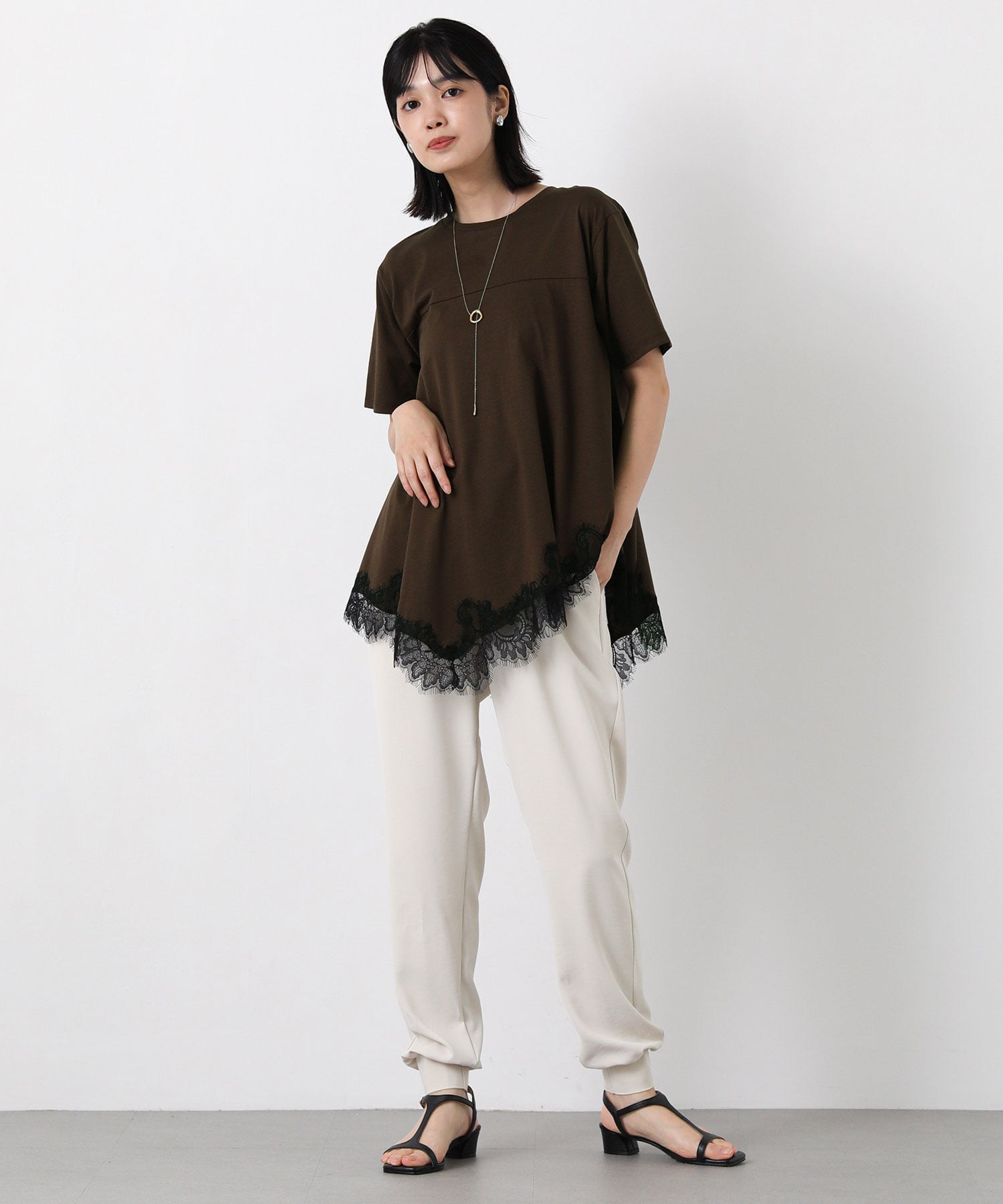 Gready Brilliant/(W)2_アシメヘムレースフレア グレディブリリアン トップス カットソー・Tシャツ ブラウン ホワイト