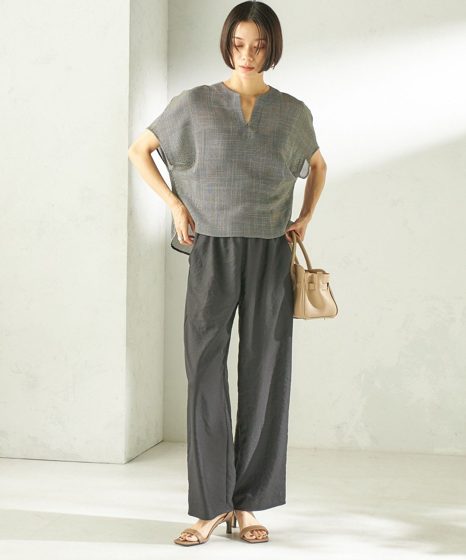 WOMEN ＜手洗い可能＞ミニ チェック カラミ スキッパー プルオーバー シップス トップス シャツ・ブラウス ホワイト ブラック