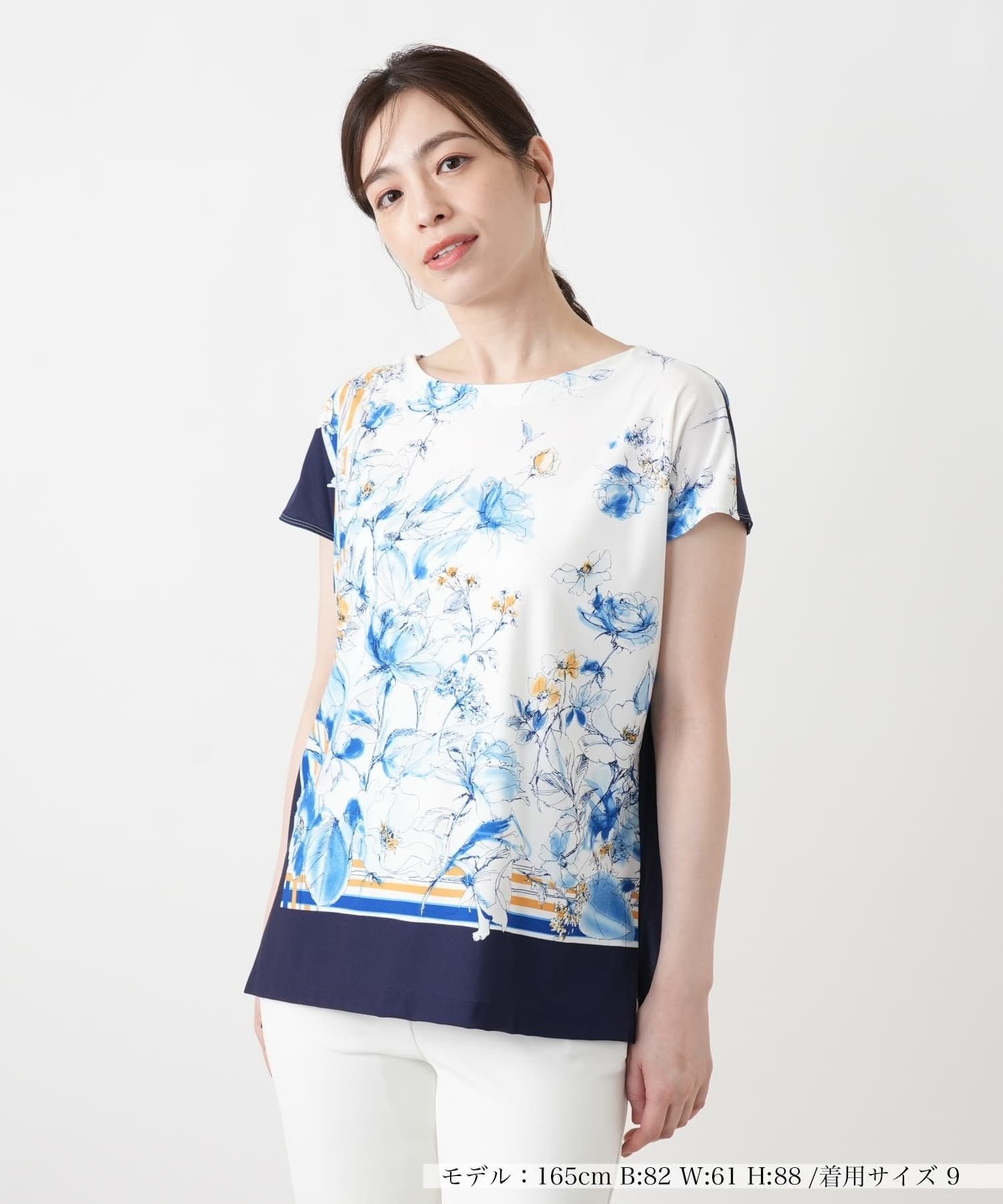 Leilian 花柄配色クルーネックブラウス レリアン トップス シャツ・ブラウス