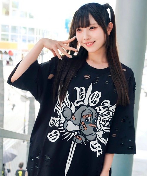 【GALFY×GALLIS ADDICTION】チー牛Tee SS(MENS) ジャックローズ トップス カットソー・Tシャツ グレー ホワイト ブラック