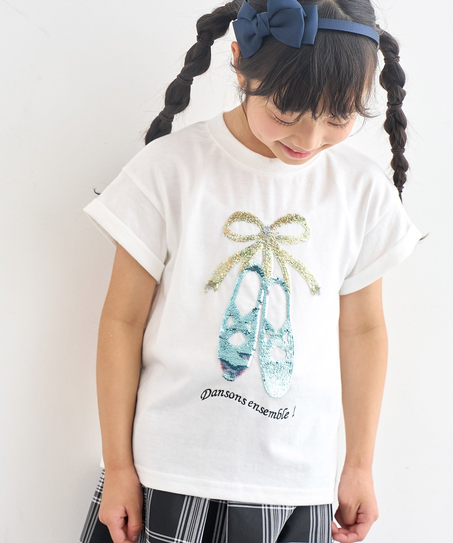 ロペピクニック バレエシューズ 【SALE／7%OFF】ROPE' PICNIC KIDS 【KIDS】バレエシューズスパンコール袖折り返しTシャツ ロペピクニック トップス カットソー・Tシャツ ホワイト ネイビー ピンク