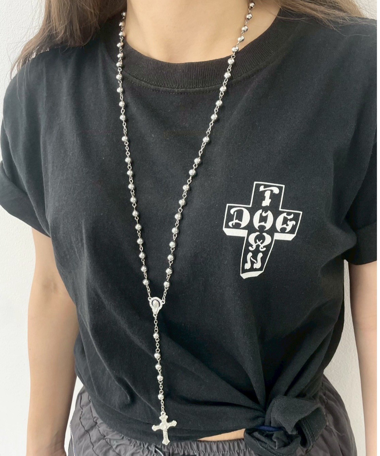 WEGO LADY'S Lクロスモチーフロザリオネックレス ウィゴー アクセサリー・腕時計 ネックレス ブラック シルバー