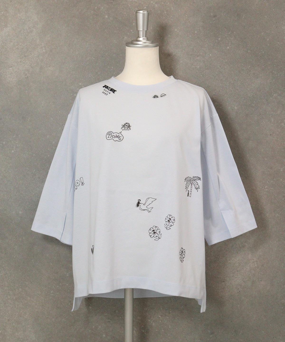 【SALE／30%OFF】STUDIO PICONE ハーフスリーブ刺繍プルオーバー スタジオピッコーネ トップス カットソー・Tシャツ ブラック ホワイト【送料無料】