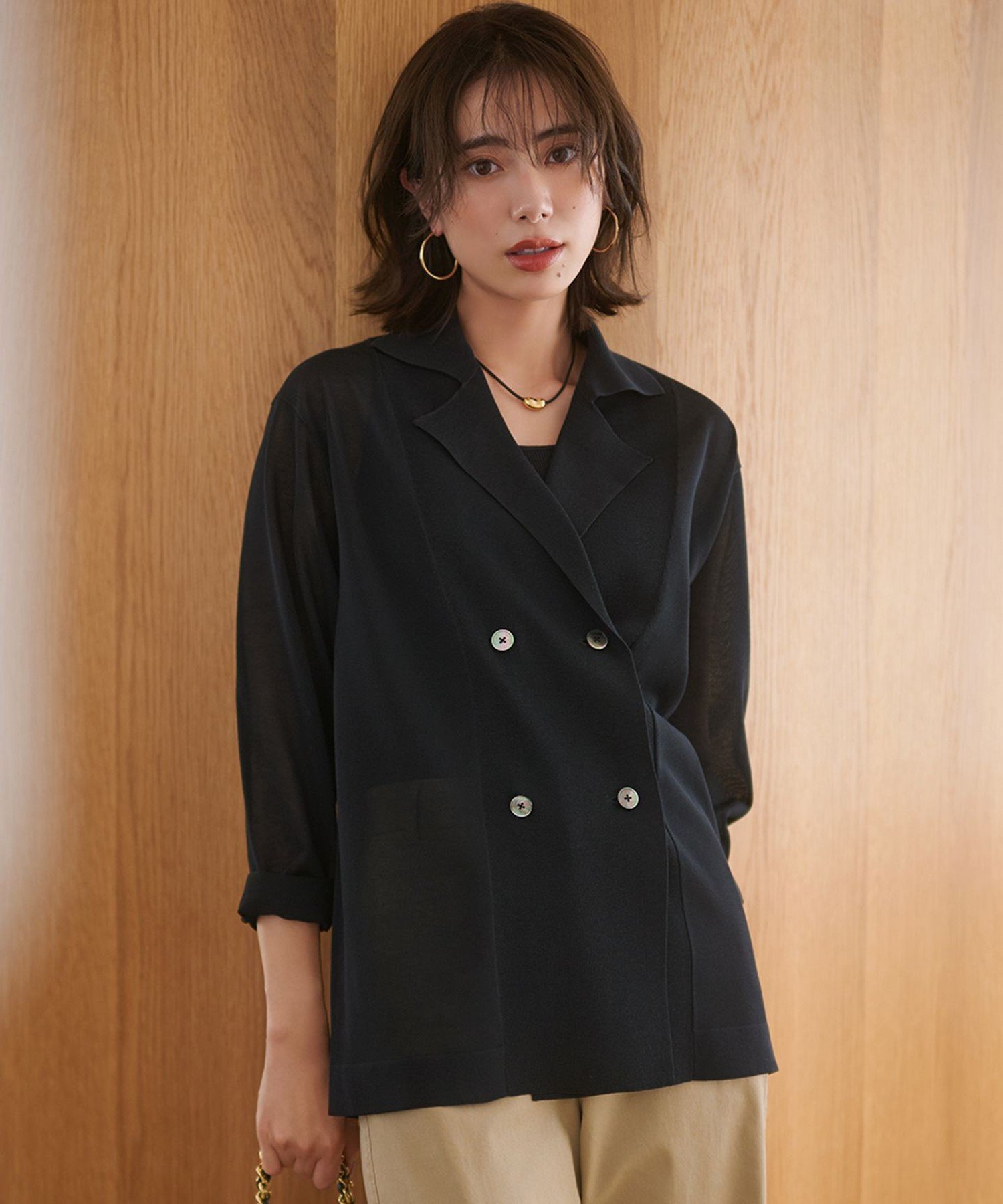 23区 【洗える】シアー ダブルブレスト ニット ジャケット ニジュウサンク ジャケット・アウター テーラードジャケット・ブレザー ベージュ ネイビー ブラック【送料無料】のサムネイル