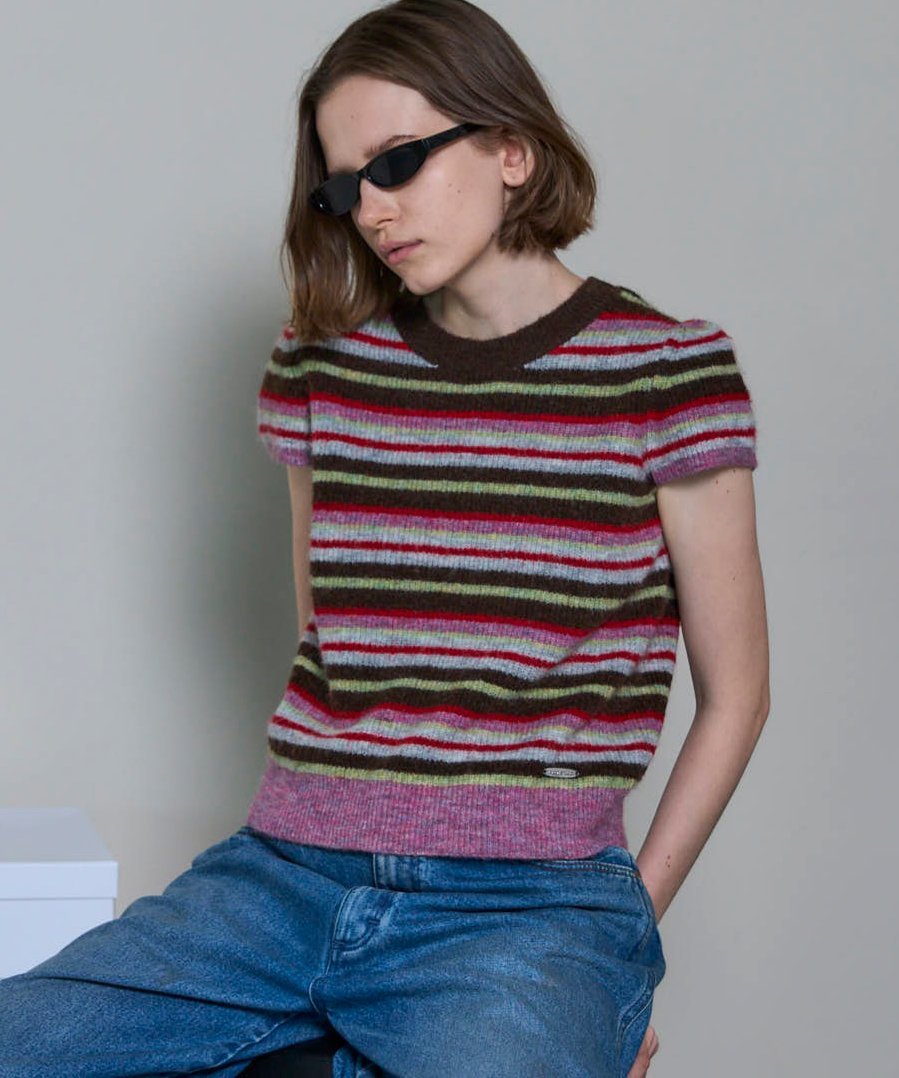 MAISON SPECIAL Multi Border Cap Sleeve Knit Tops メゾンスペシャル トップス ニット ピンク【送料無料】のサムネイル