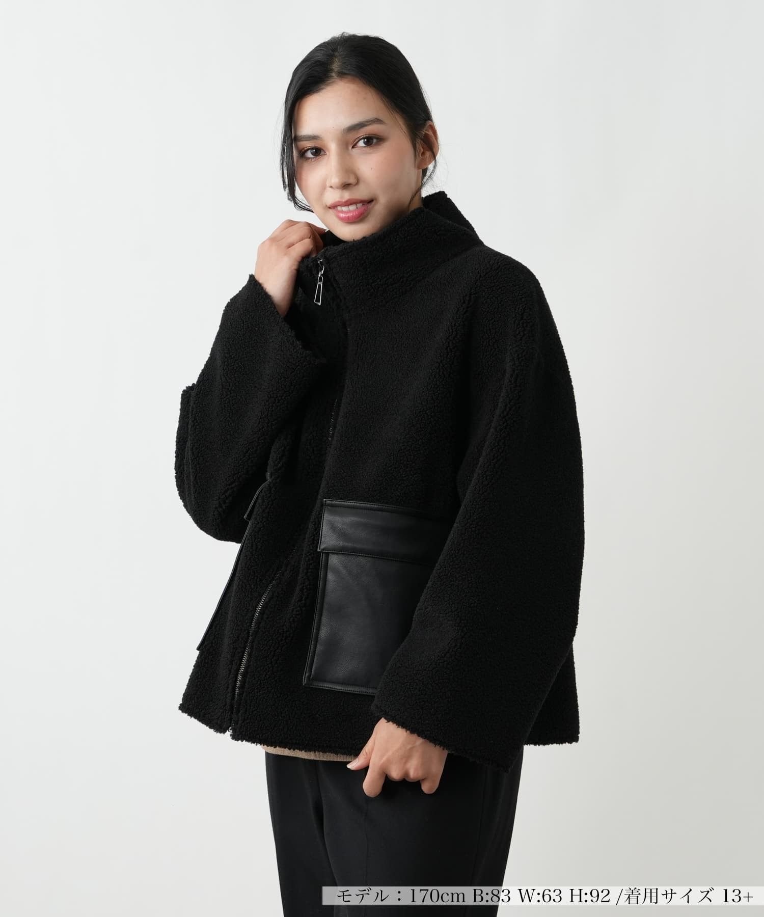 Leilian PLUS HOUSE 異素材ポケットボアコート【NEMIKA】 レリアン プラスハウス ジャケット・アウター ステンカラーコート ブラック ホワイト