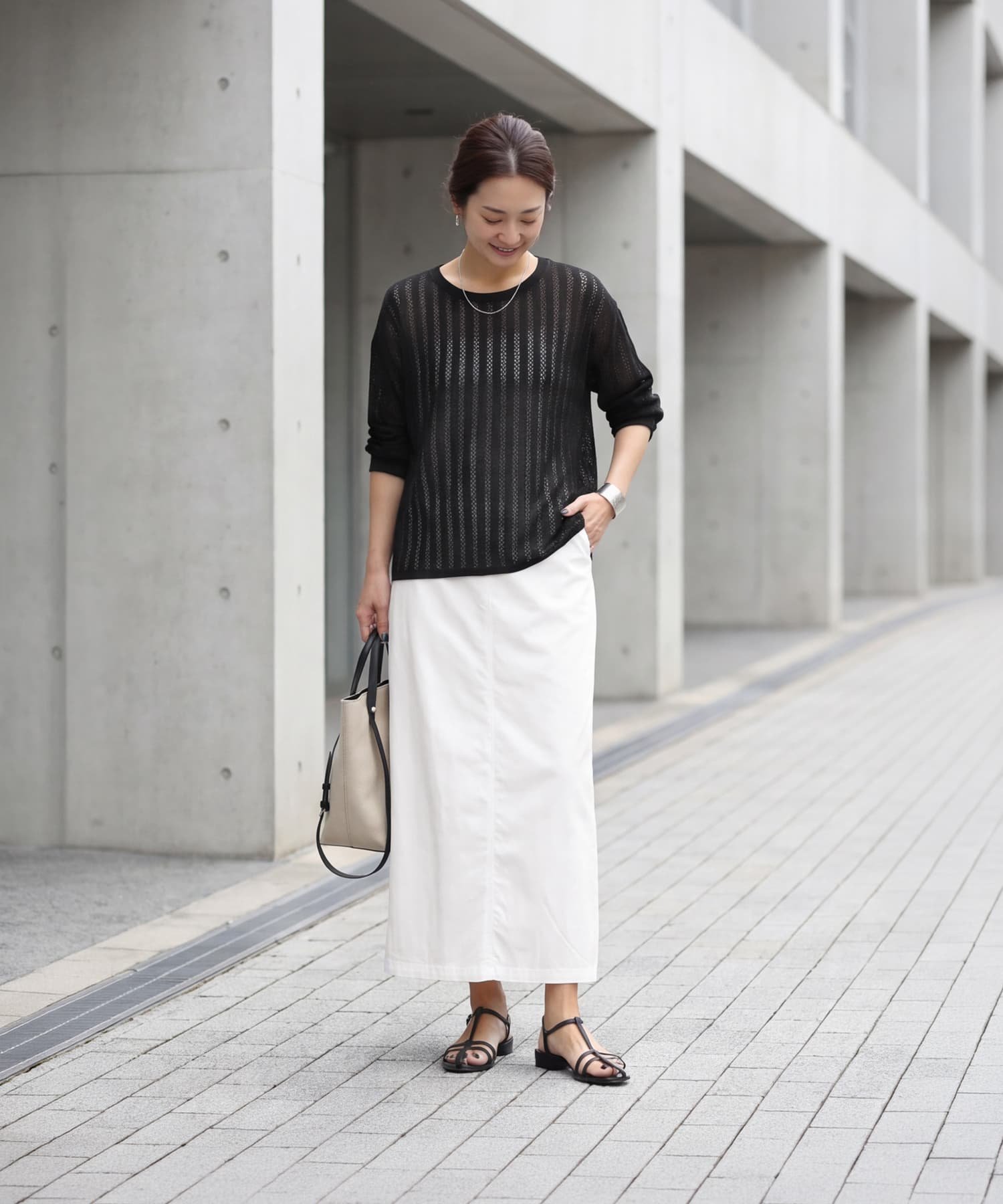 STYLE DELI 涼しいレーシィーストライプシアーニット スタイルデリ トップス ニット ホワイト ブラック