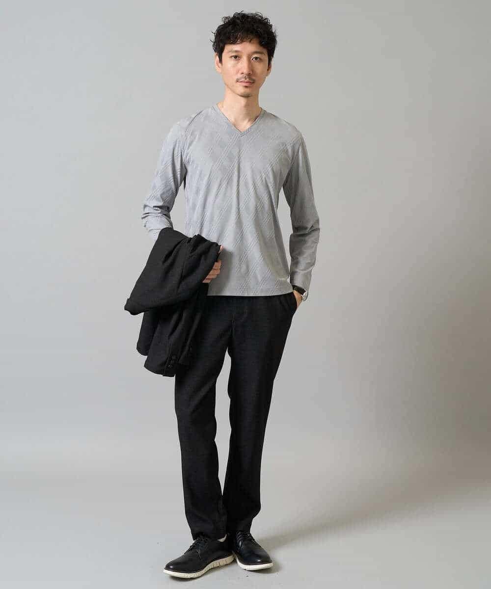 【ジャケット映えカットソー】ダイヤジャカードVネックTシャツ 通勤/ビジネス/ジャケット【イージーケア/毛玉になりにくい】＜ON/OFF SERIES＞ アー・ヴェ・ヴェ トップス カットソー・Tシャツ ブラック