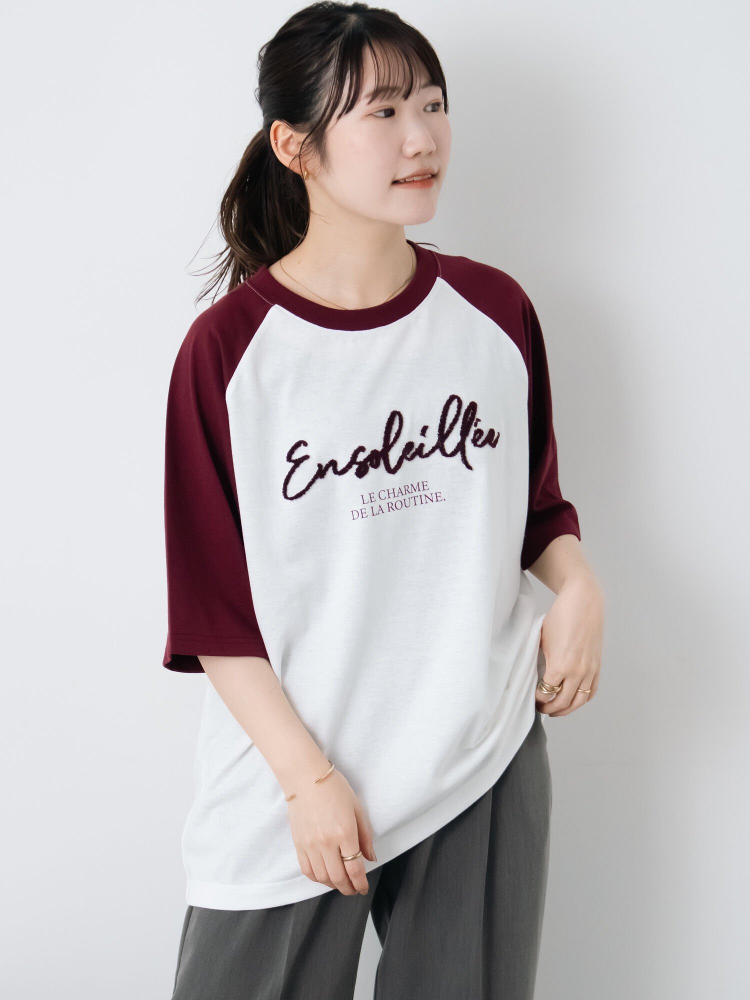 【SALE／46%OFF】ehka sopo 歯ブラシ刺繍ラグランT エヘカソポ トップス カットソー・Tシャツ グレー ..