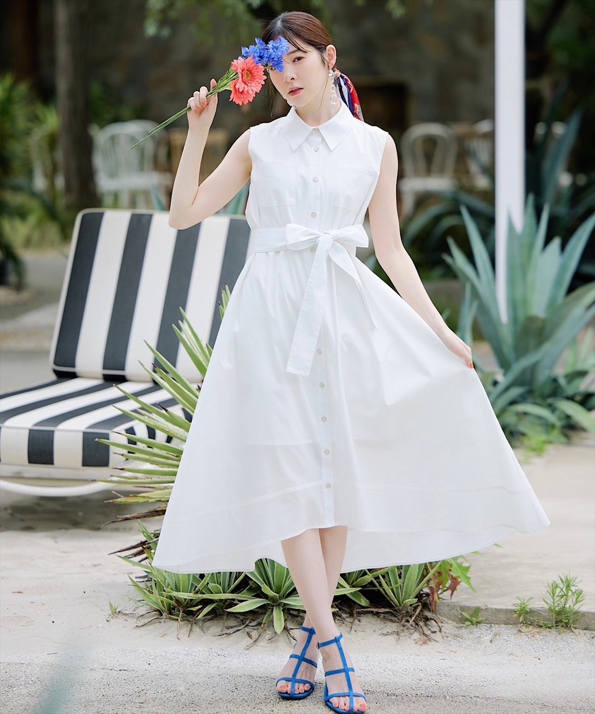 Swingle リボンベルト付きフィッシュテールシャツワンピース スウィングル ワンピース・ドレス その他のワンピース・ドレス ホワイト ブルー【送料無料】のサムネイル