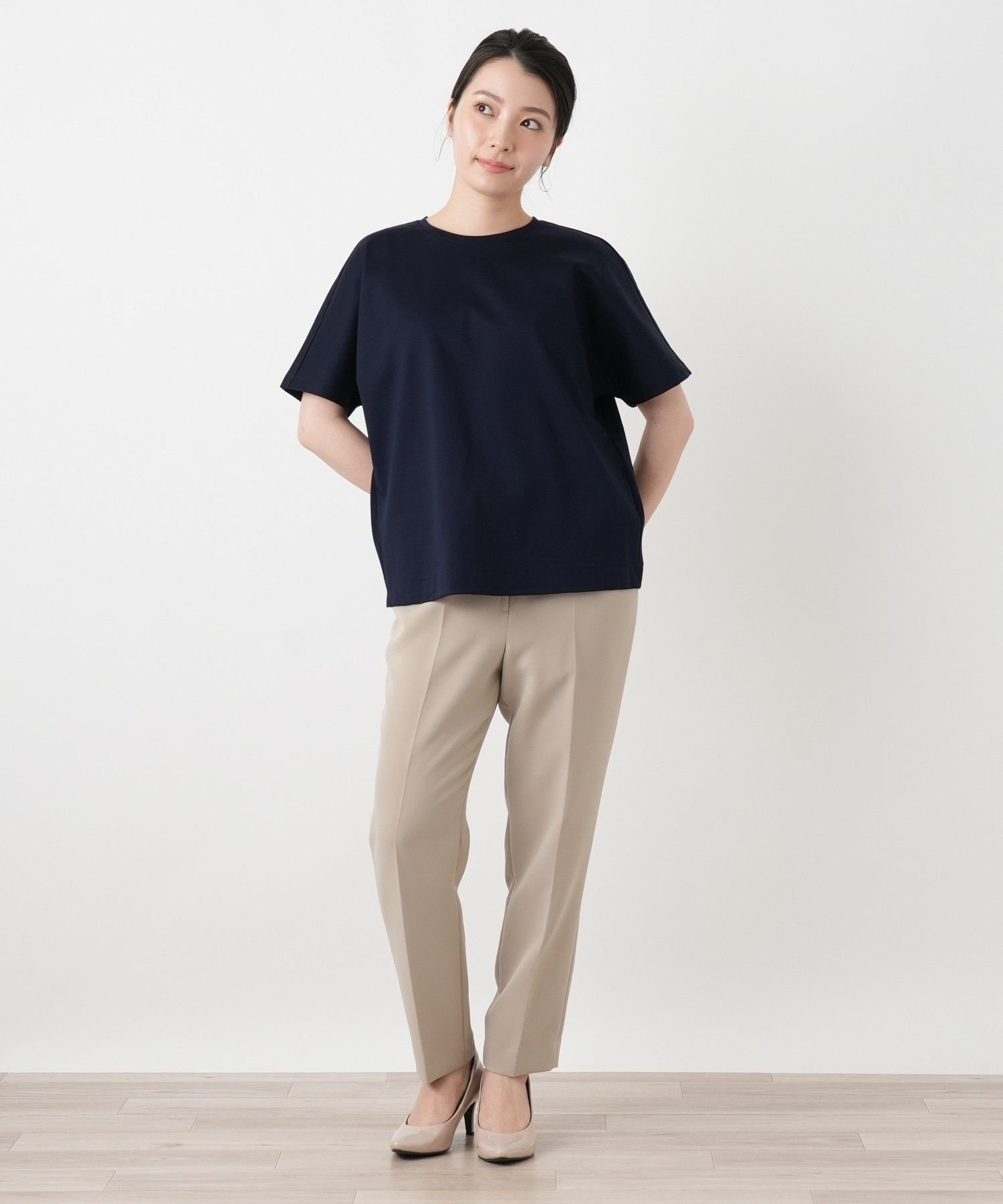 Leilian シーム切替クルーネックカットソー レリアン トップス カットソー・Tシャツ ネイビー ホワイト