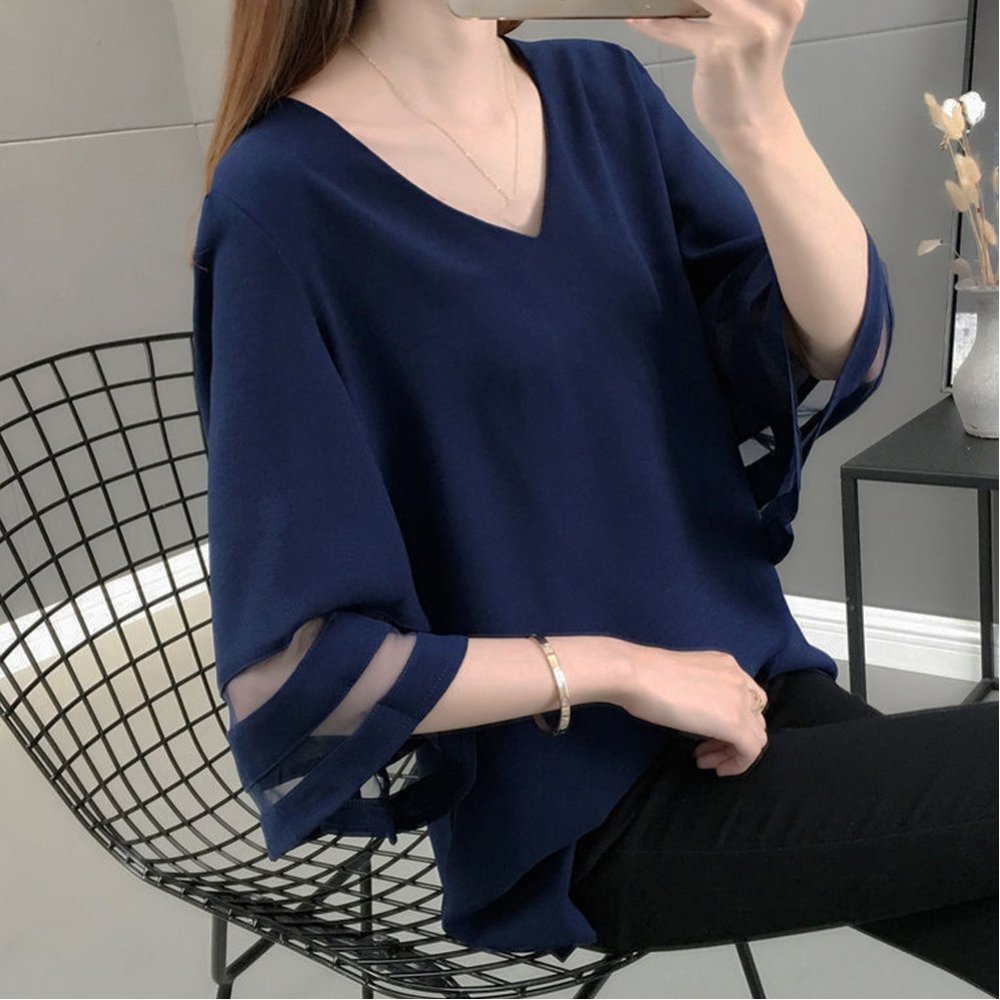 【SALE／30%OFF】Aimoon Vネック シャツブラウス レディース夏服 ミニミニストア トップス シャツ・ブラウス ネイビー ホワイト ブラックのサムネイル