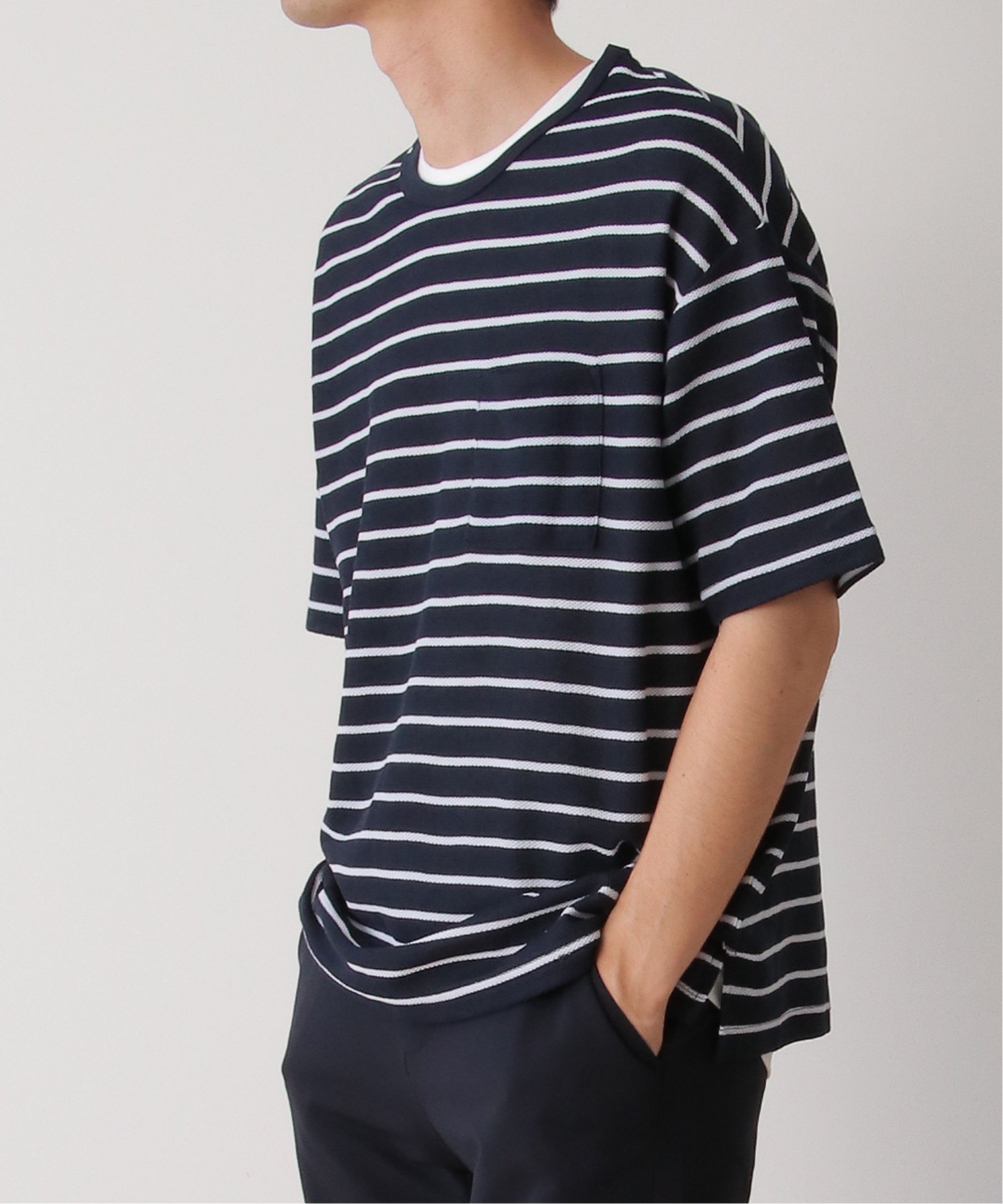 ikka 【2点セット】ワッフルボーダーTインナーセット イッカ トップス カットソー・Tシャツ ネイビー グレー