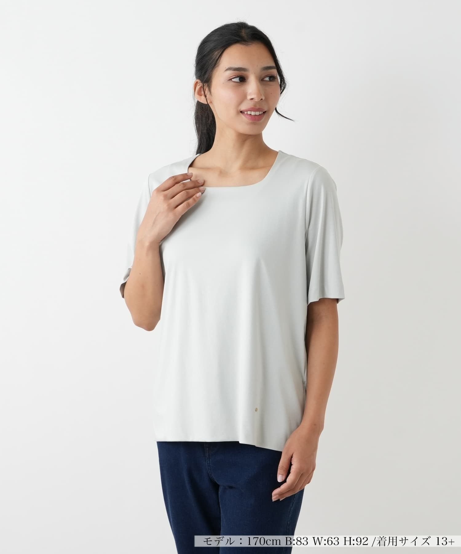 Leilian PLUS HOUSE スクエアネックカットソー レリアン プラスハウス トップス カットソー・Tシャツ ホワイト ネイビー