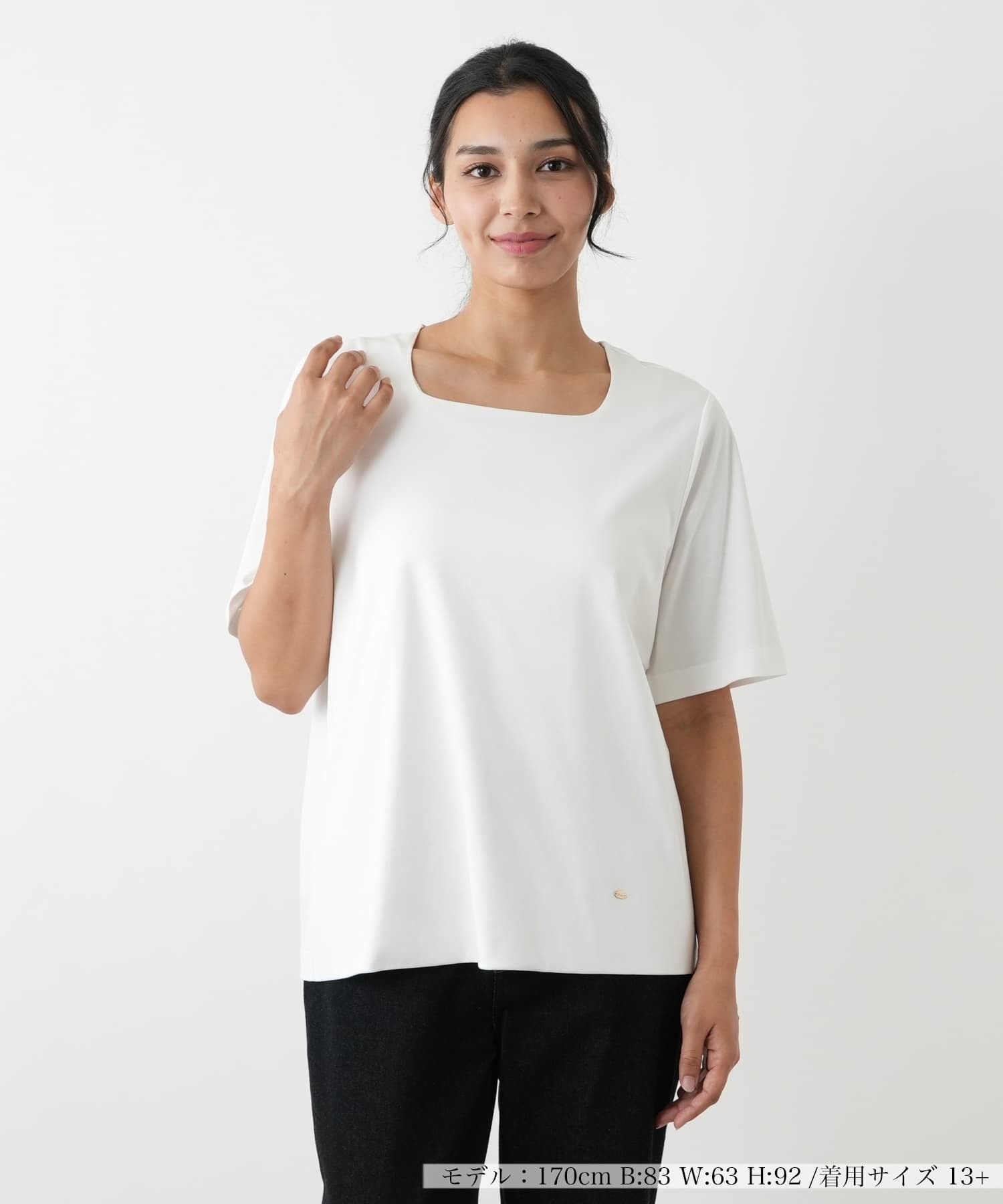 Leilian PLUS HOUSE スクエアネックカットソー レリアン プラスハウス トップス カットソー・Tシャツ ホワイト ネイビー