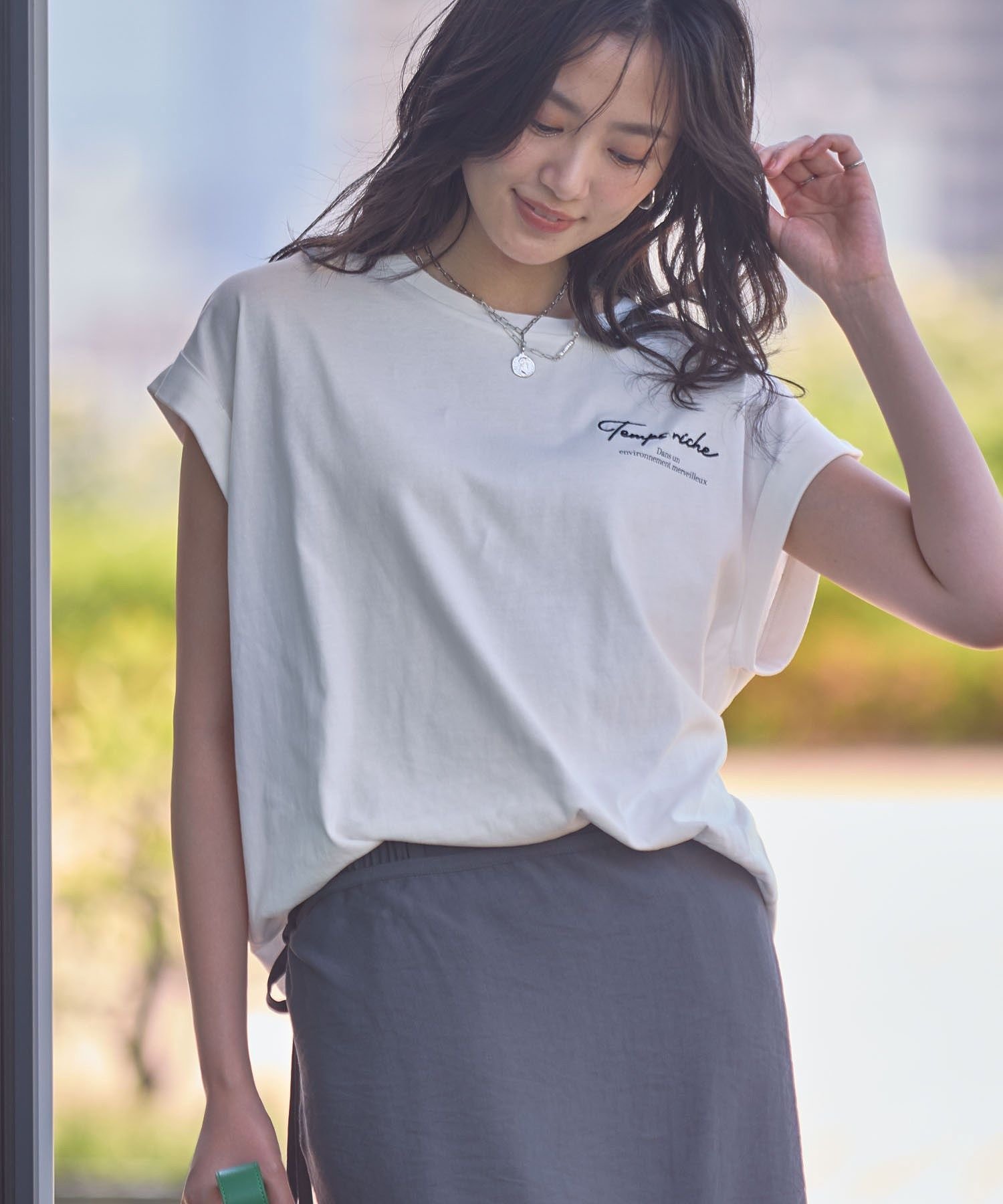 【適ON】汗染み防止フレンチロゴTシャツ グリーンパークス トップス カットソー・Tシャツ カーキグリーン グレー レッド ホワイト