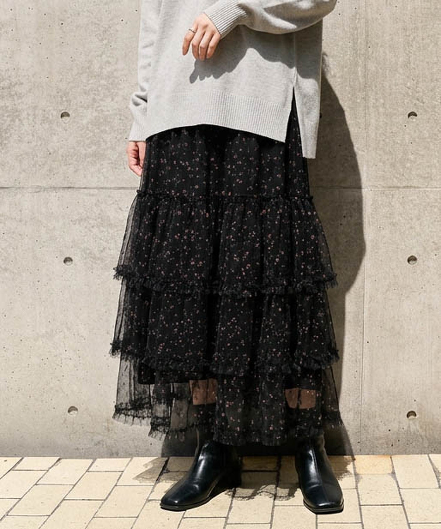 La-gemme 小花柄チュールティアードスカート ラジュール スカート ロング・マキシスカート グリーン ブラック ホワイト【送料無料】