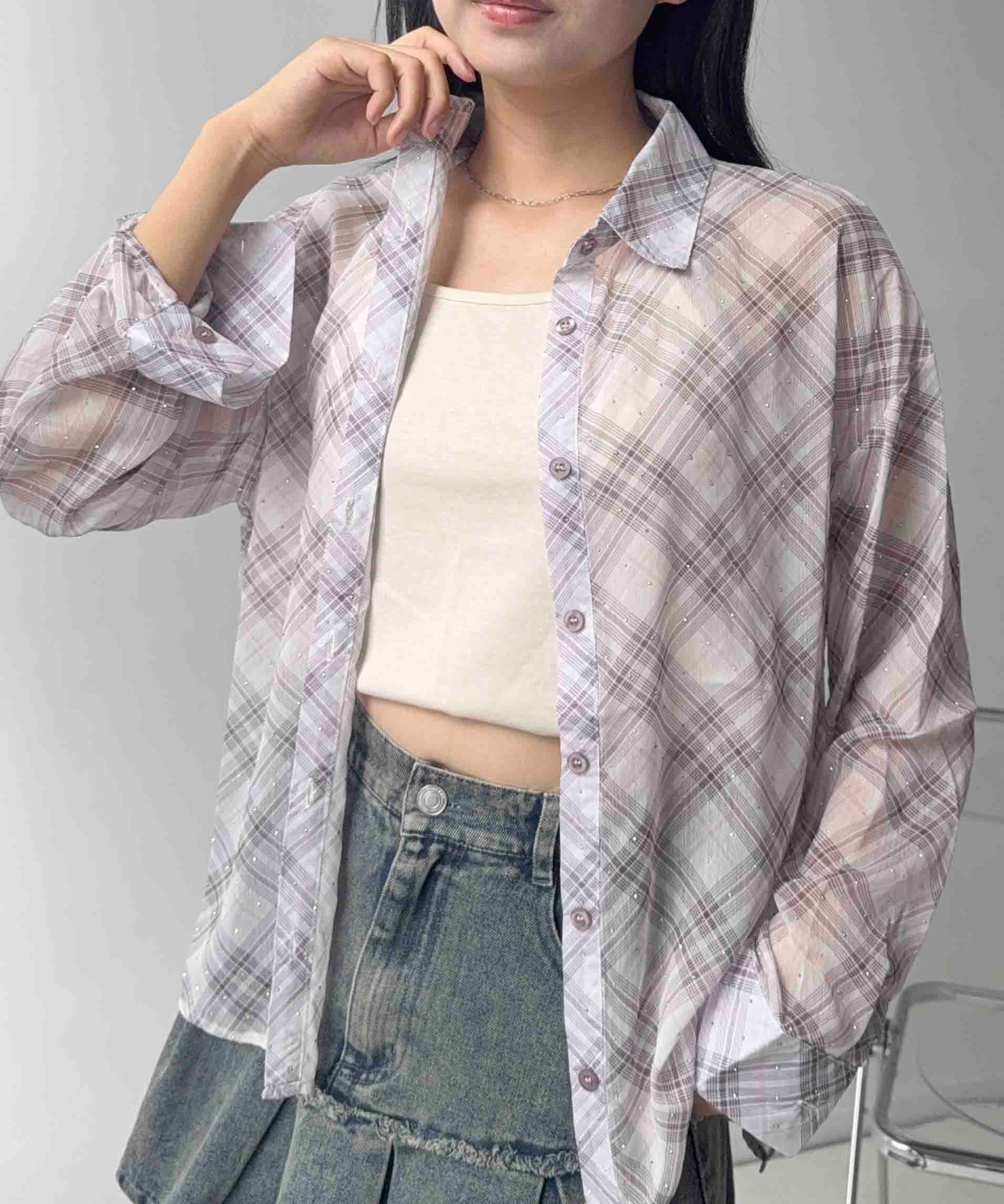 【SALE／46%OFF】AS KNOW AS plus ☆【2026AW】『ビジュー付き』チェックシアーシャツ アズノゥアズプラス トップス シャツ・ブラウス ブラウン